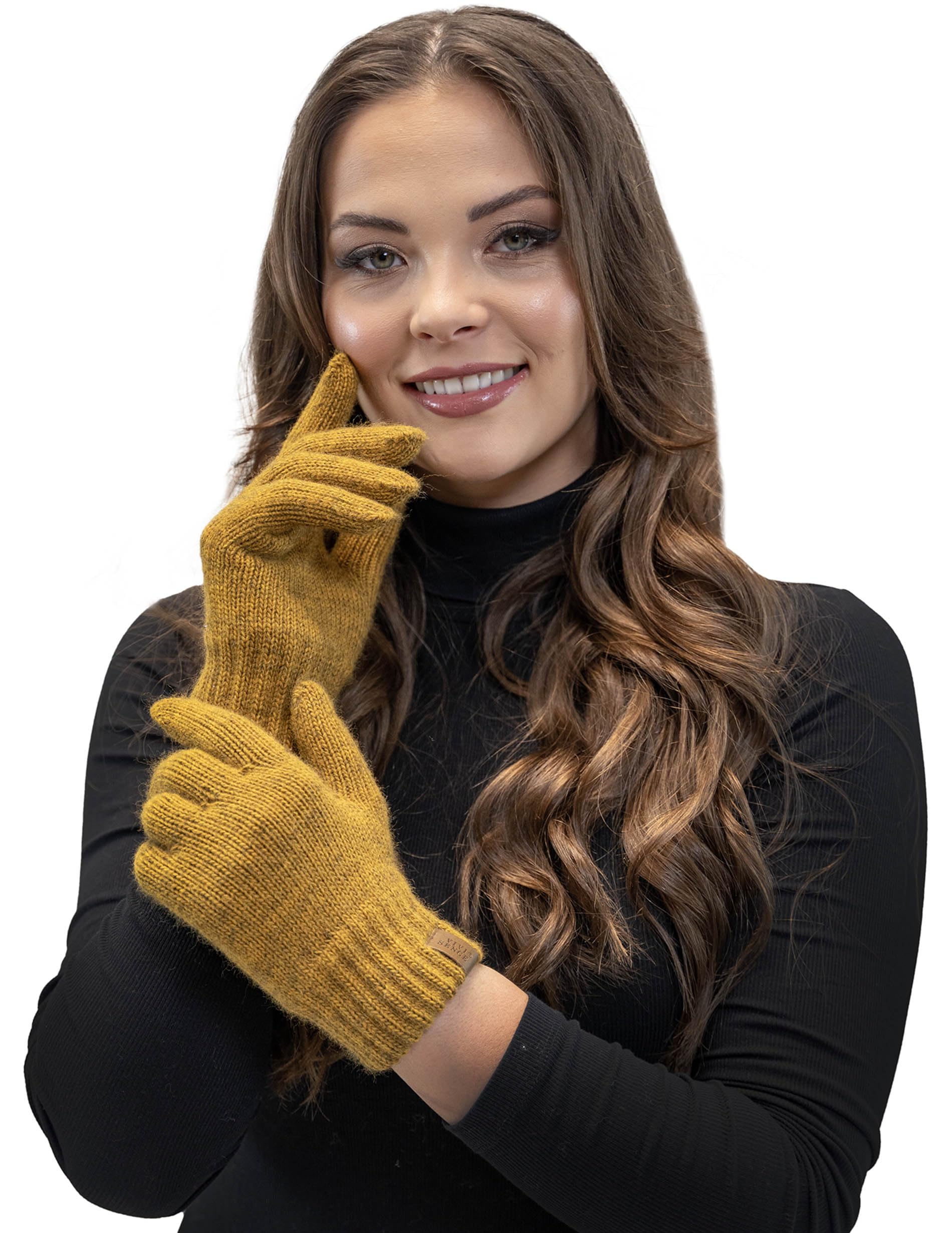 Vivisence Stylish Classic Five-Finger Women's Winter Gloves Made Of Warm And Soft Yarn With Wide Ribbed Cuff Perfect For Cold Winter Days Providing Comfort And Warmth, Dark Yellow,UNI