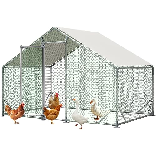 Metal Chicken Coop 10x6.6x6.56ft Walk-in Poultry Cage for 5-10 Chickens Chicken Run Hen Rabbit Duck House with Waterproof Cover for Outdoor Farm Use