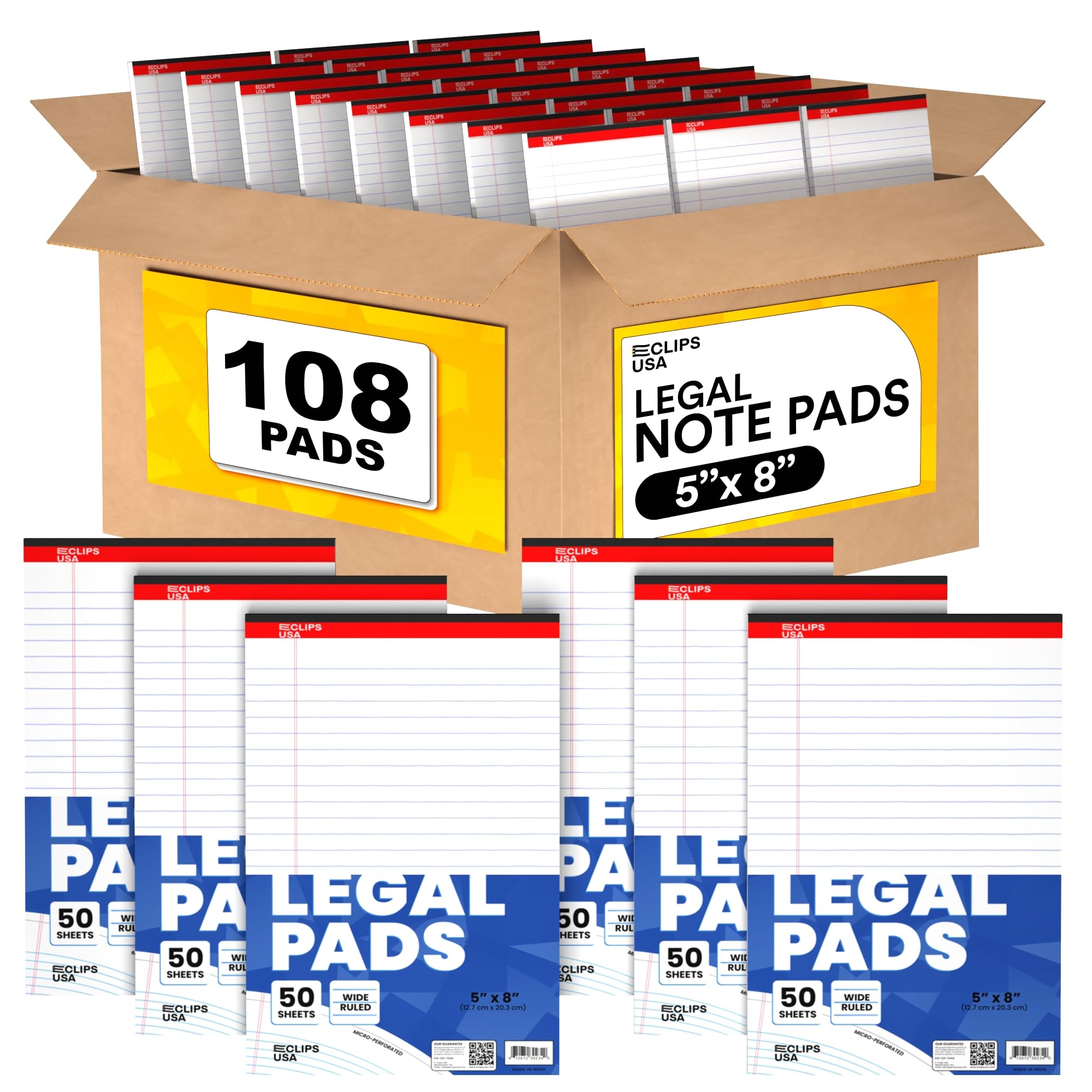 E-CLIPS USA Notepads Small Legal Pads Note Pads 5x8 Legal Wide Rule Notepad White Chipboard Back Slim Writing