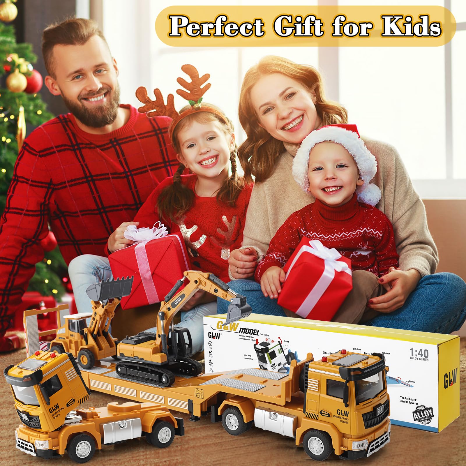 UCAMP Camion Transportador Coche de Juguete con Luces y Sonidos para Niños 3 4 5 6 7 Años, 1:40 Juguete Vehículos de Construcción con Excavadora Bulldozer, Juguetes Regalo de Cumpleaños Navidad
