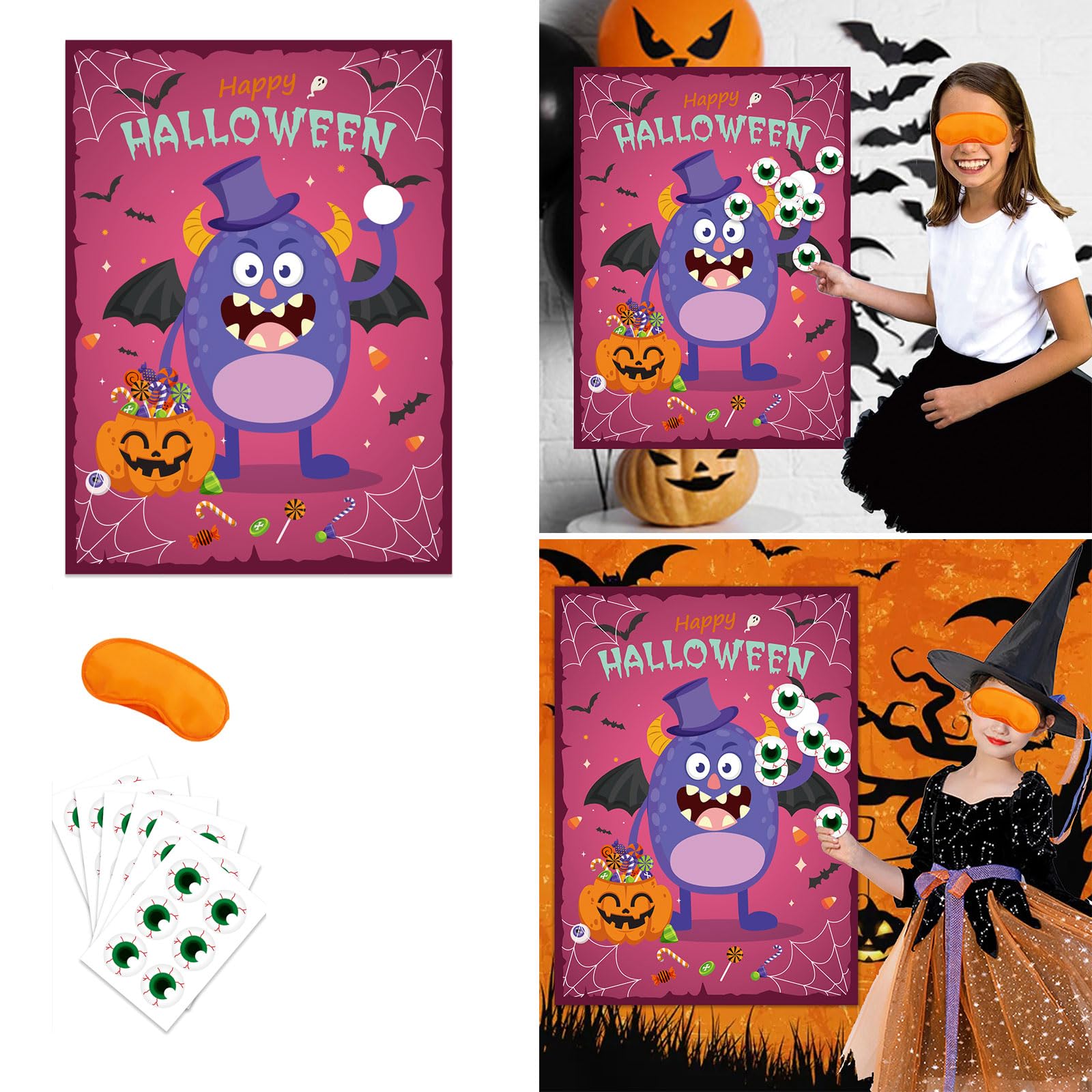 Jeu D'Halloween Pour Enfants - Affiche Pin The Eye Monstre Avec Autocollants Yeux Bandés