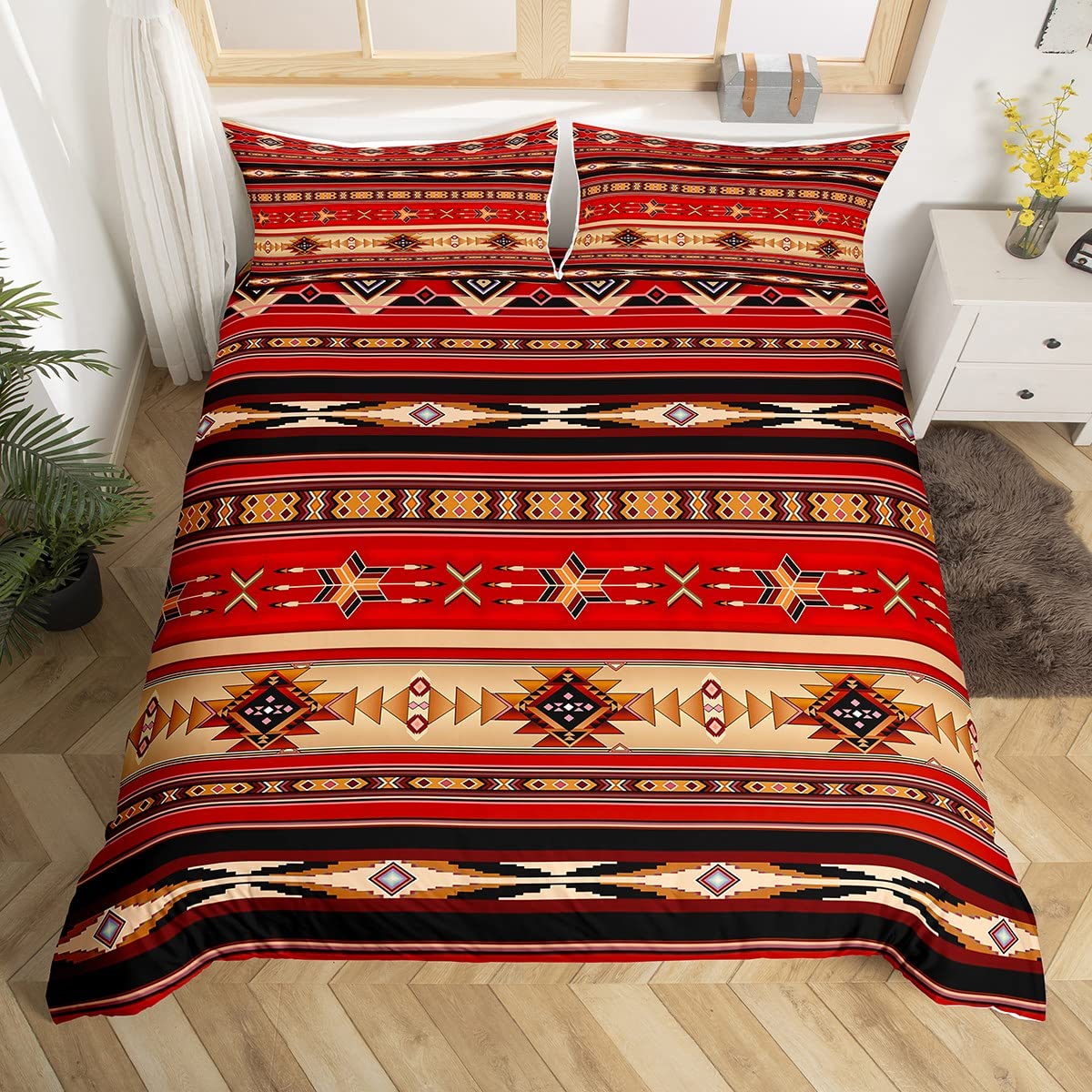 Homewish Aztekische Bettwäsche Ethnische Tribal Pfeil Bettbezug, Vintage Southwestern Native Bohemian Bettbezug 135x200,Western Star Bett Set Exotische geometrische Diamantstreifen Dekor, rot schwarz