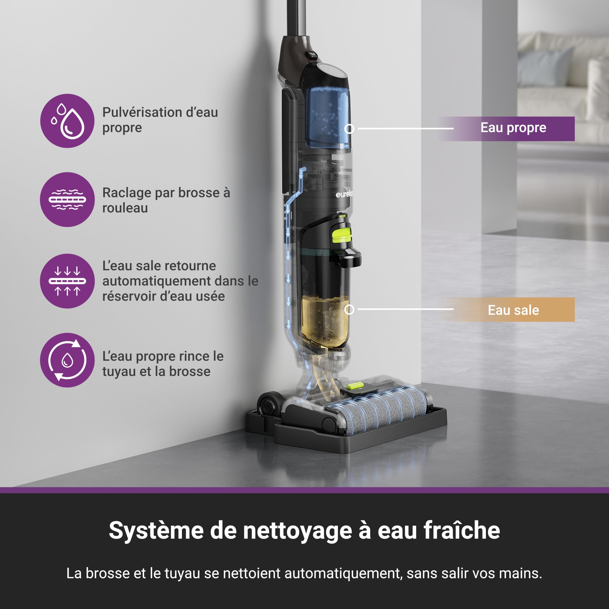 Eureka NEW400 Aspirateur Laveur sans Fil pour Sols Durs,Aspirateur Balai sans Fil Sec et Humide,Autonettoyant,Aspirateur Laveur Eau et Poussière,Longue Autonomie,pour Les Saletés Collantes,Sols Durs