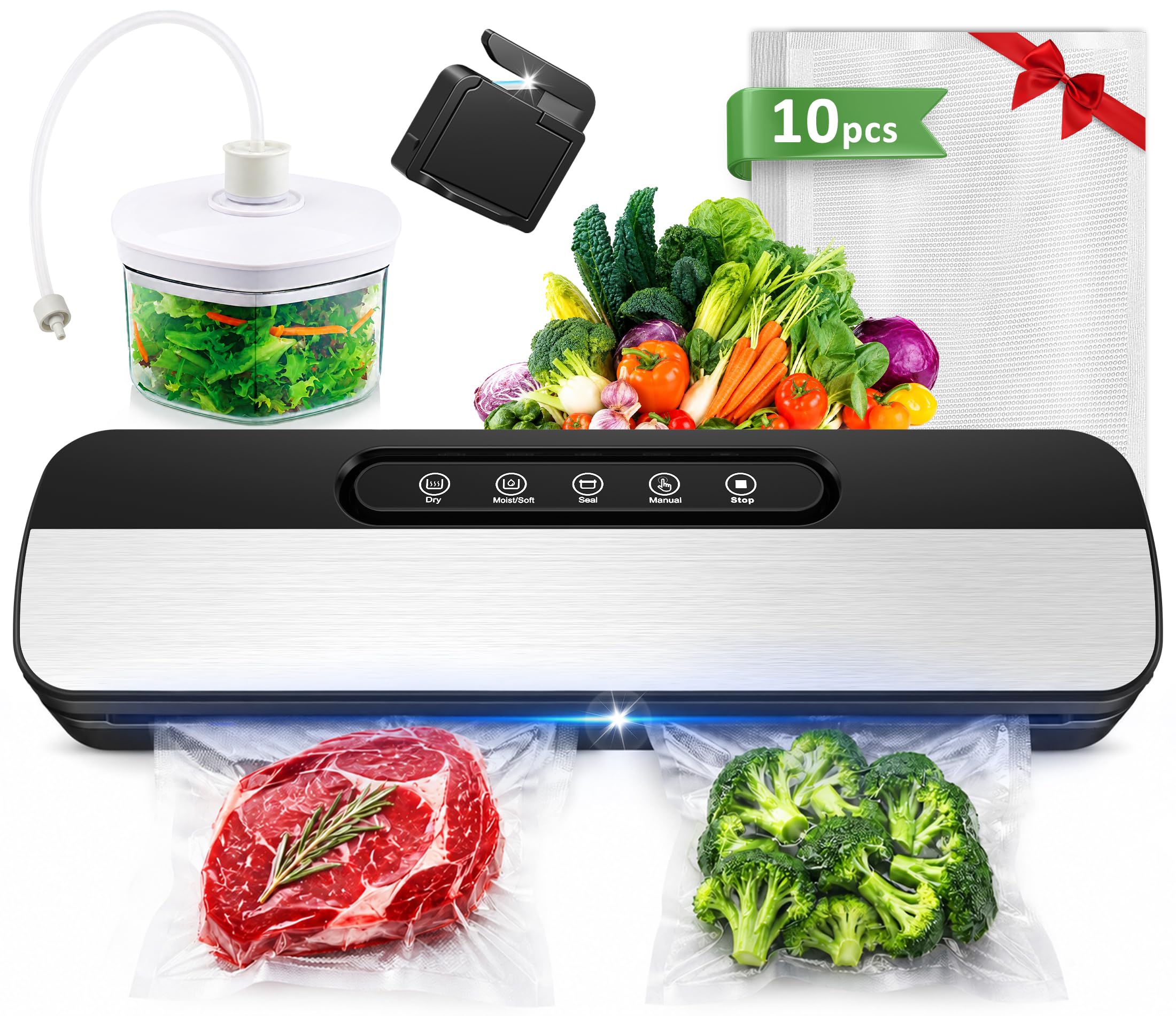 Raycial Macchina Sottovuoto Alimenti, 7 in 1 Macchina Sottovuoto 145W, Automatica Sigillatore Sottovuoto Macchina, con 10 Sachetti Sottovuoto e Tubo e Taglierina