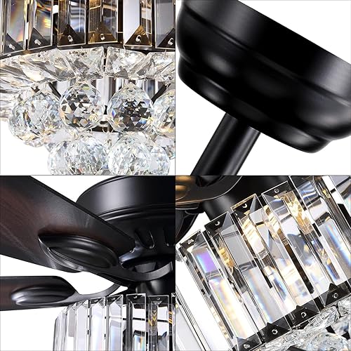 Miniatura 6 de NOXARTE Ventilador de techo de cristal de 52 pulgadas con luz, lámpara LED moderna con control remoto, ventilador de araña negro, motor de reversa,
