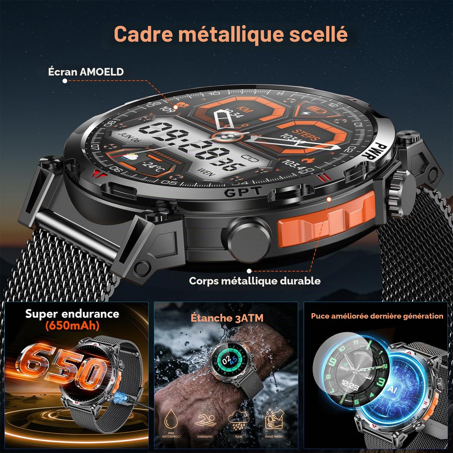 Montre Connectée Homme GPS Smartwatch - Boussole Assistant GPT AI Baromètre Altimètre Appel Bluetooth Cadran AI 650mAh Batterie 3ATM Étanche 1.70" AMOELD 120+ Modes Sportifs Santé pour Android iOS