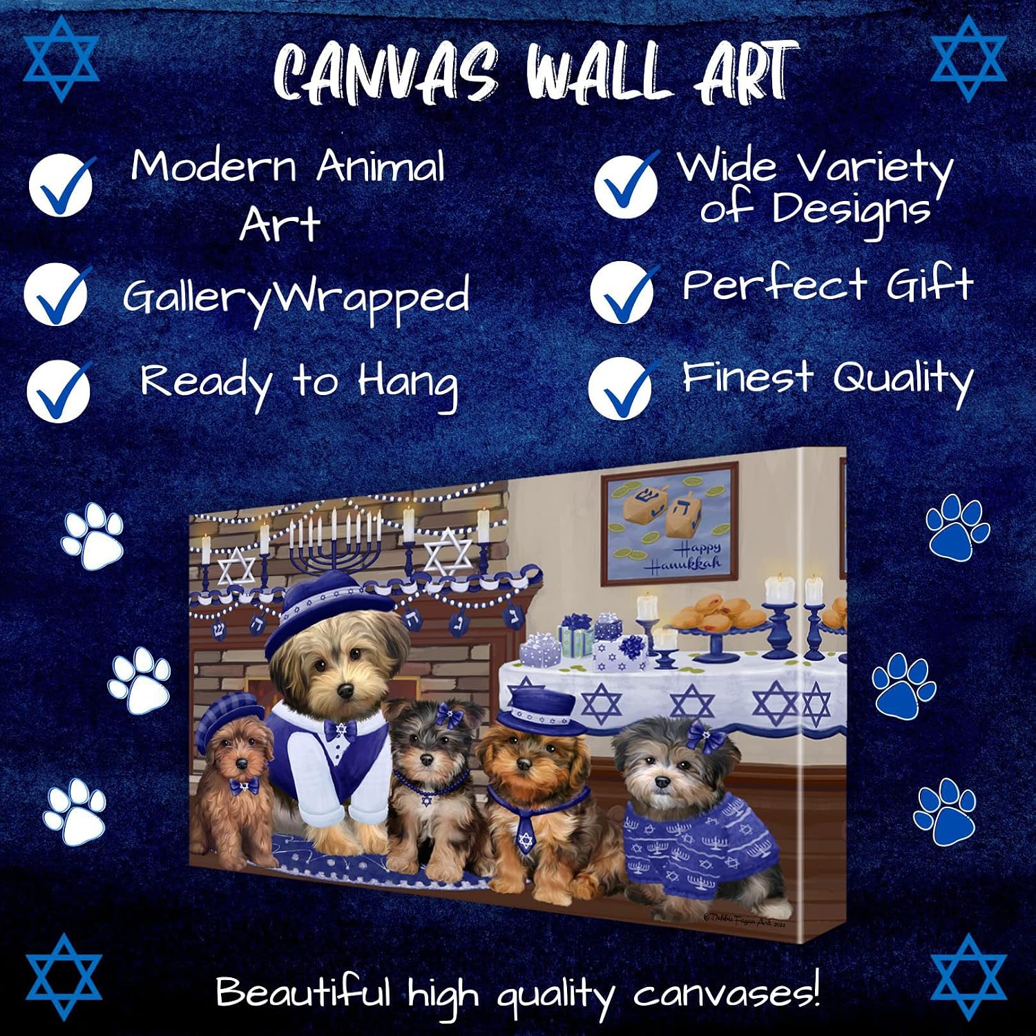 Doggie of the Day Hanukkah Family Yorkipoo Dogs Canvas Wall Art - Premium Quality Ready to Hang Room Decor Wall Art Canvas - Unique Animal Printed Digital Painting for Decoration, 16"x20"