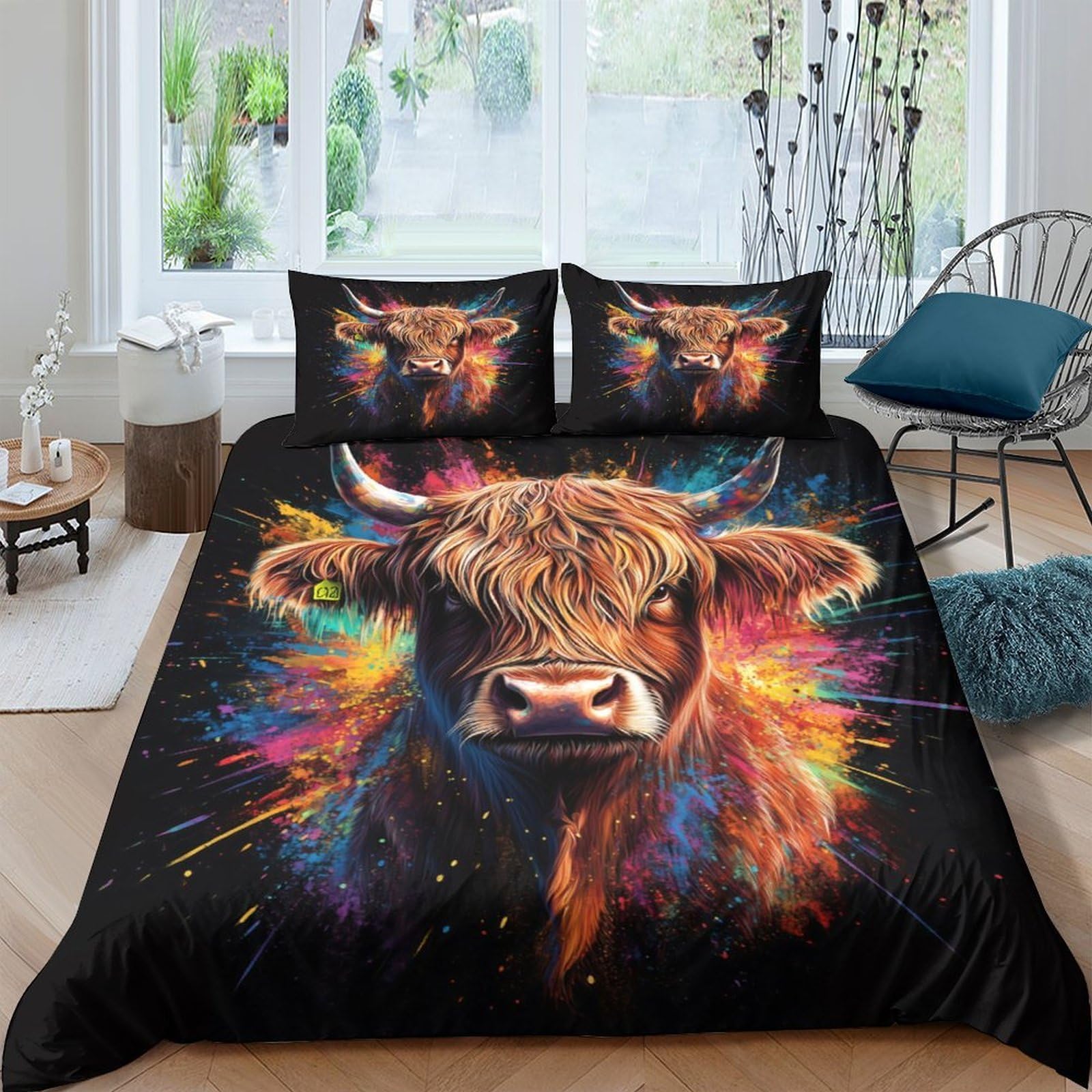 Ctjqhvkz Style-9 3D Printed Highland Cow Fitted Sheet Microfiber Artistic Colorful Bull Mattress Cover Bedroom Dorm Decor Single（135X200cm）