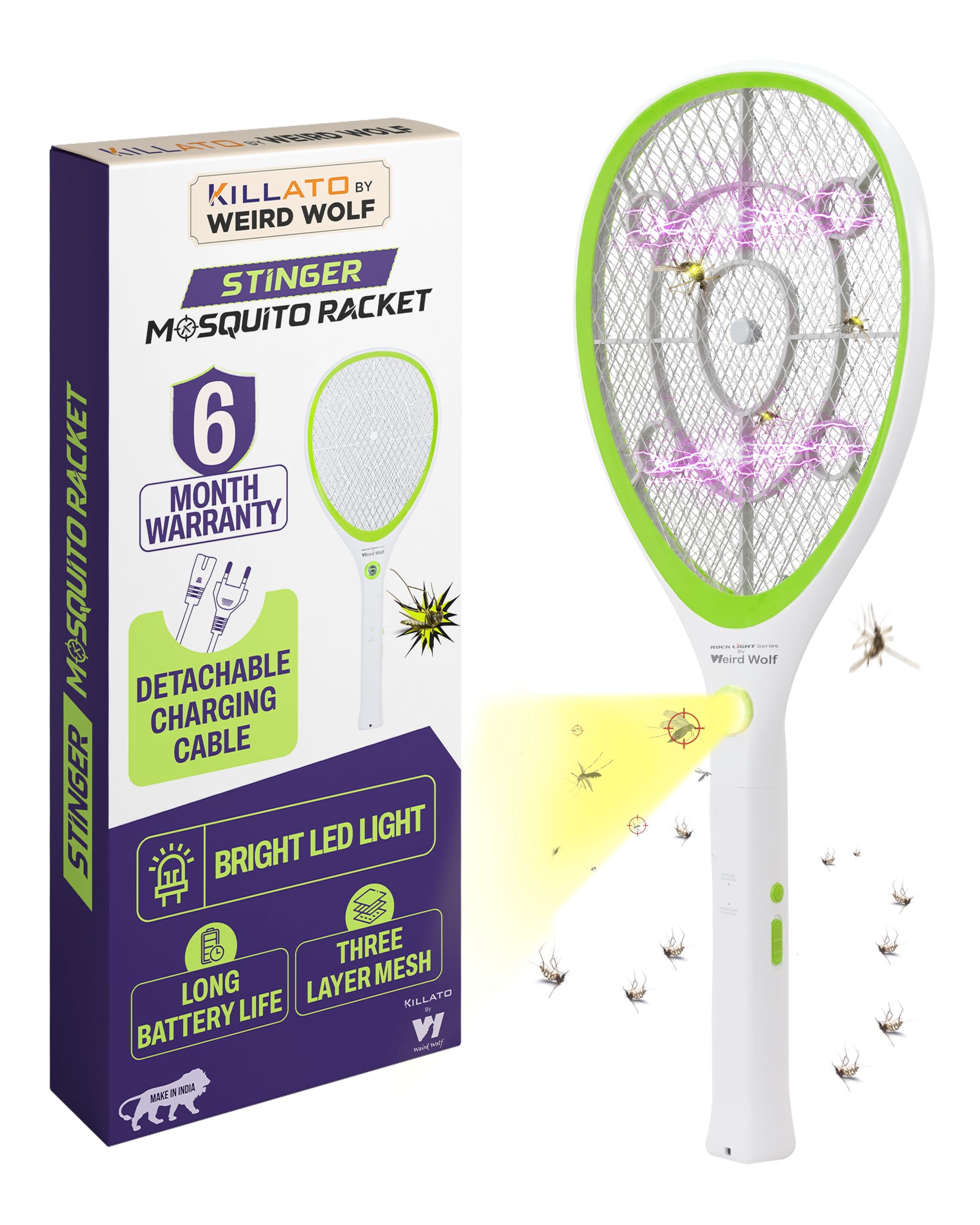 Weird Wolf Mosquito Killer Racket with Bright LED Light | 3500V High Power | Detachable Charging Cable | 3-Layer Mesh | 6 Months Warranty-image-8