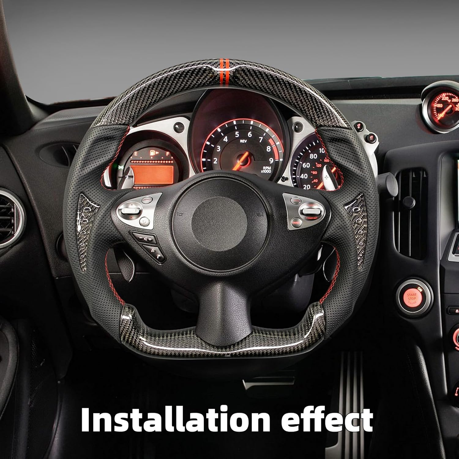 Carbon Fiber Car Steering Wheel Fit For Nissan 370z 2008-2020 D-shaped Flat-bottom Sport Handle Steering Wheel Perforated Leather (Twill Carbon Style 1)