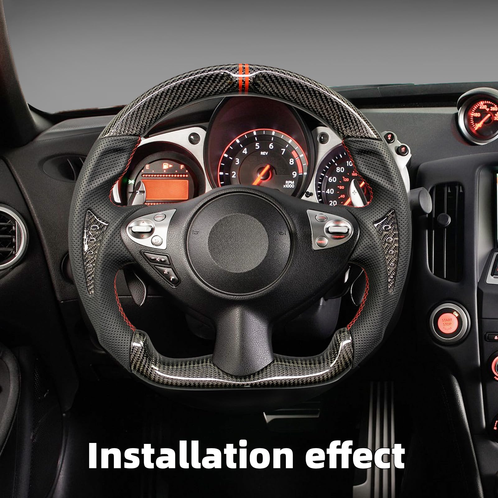 Carbon Fiber Car Steering Wheel Fit For Nissan 370z 2008-2020 D-shaped Flat-bottom Sport Handle Steering Wheel Perforated Leather (Twill Carbon Style 1)