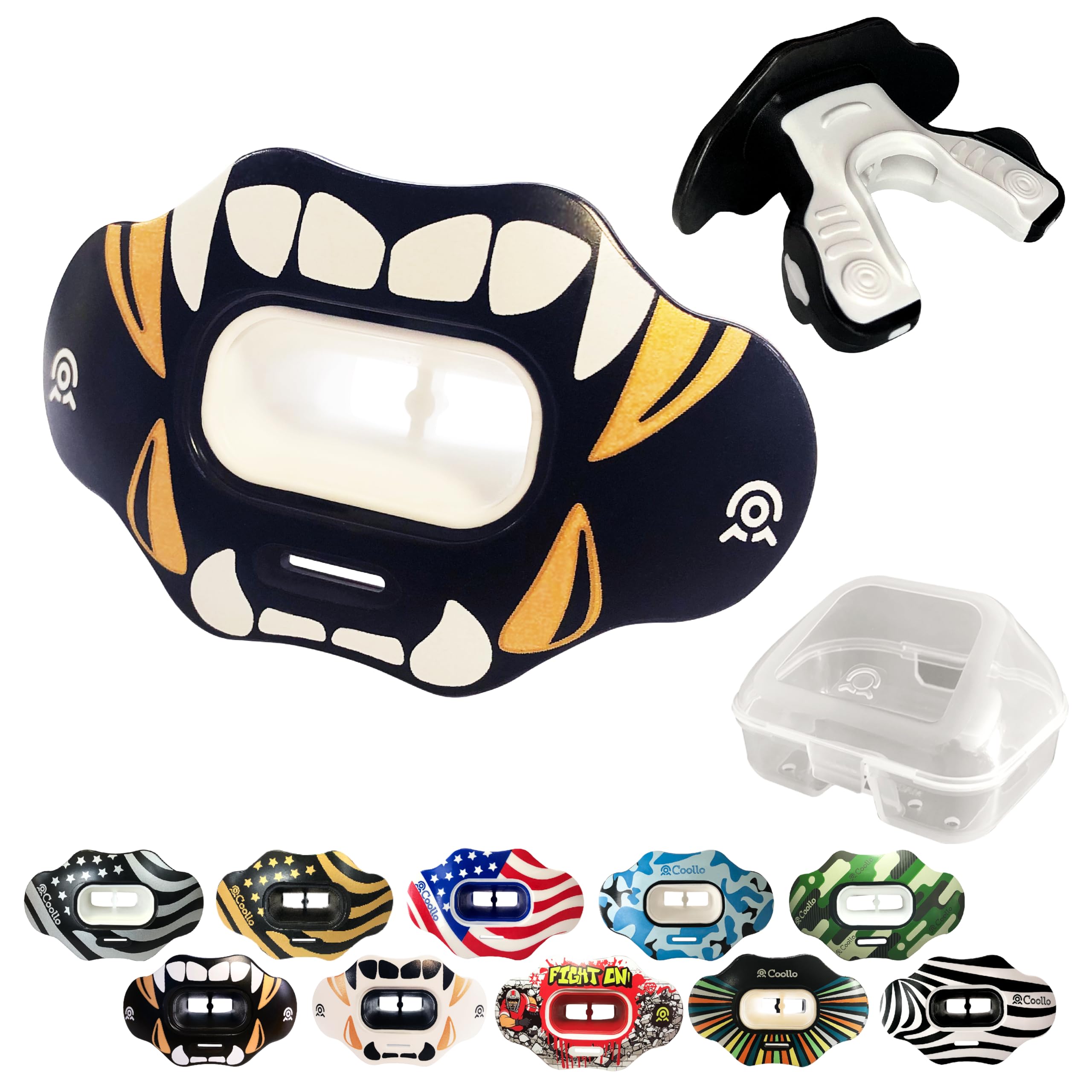 Lip Guard Mundschutz MAXX/Might Fußball und High Impact Sport Lippenschutz für Erwachsene & Jugendliche (Gurt im Lieferumfang enthalten) (Golden White Fangs - (zwei Schichten), mit Etui
