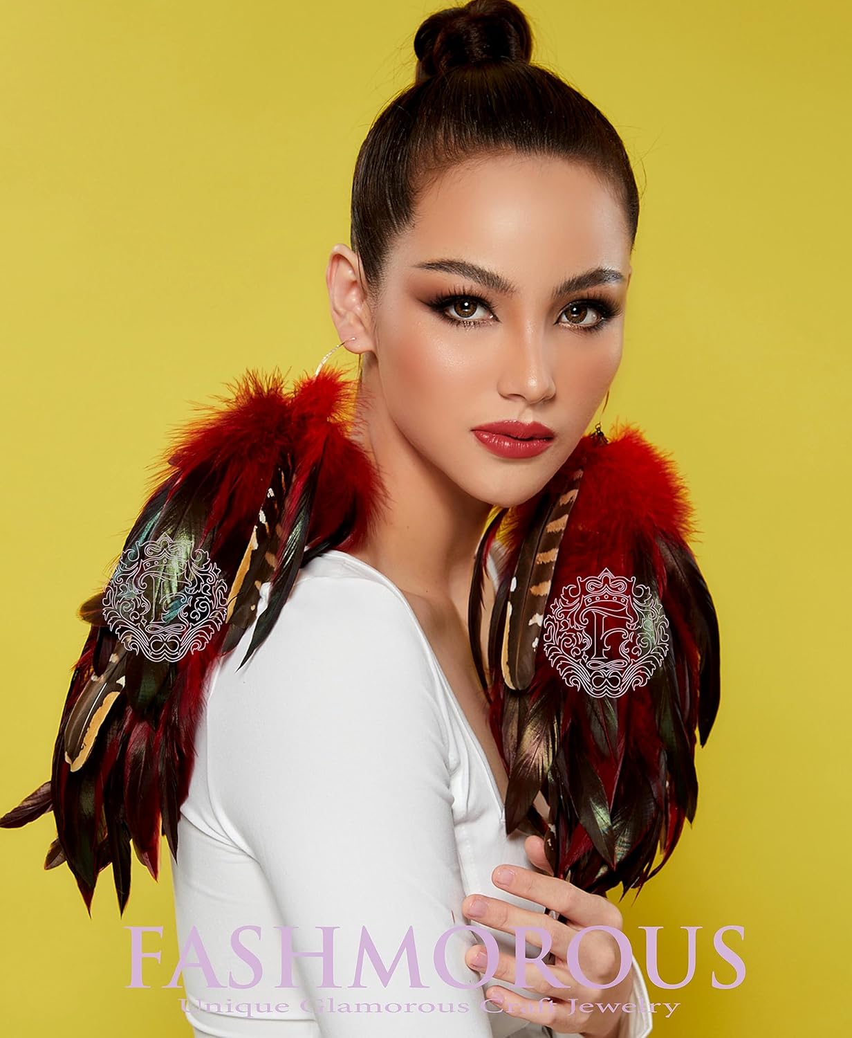 Fashmorous Brass Dangle Earring, Red Feather Design for Women, Lightweight, 8-12 inches, Hypoallergenic