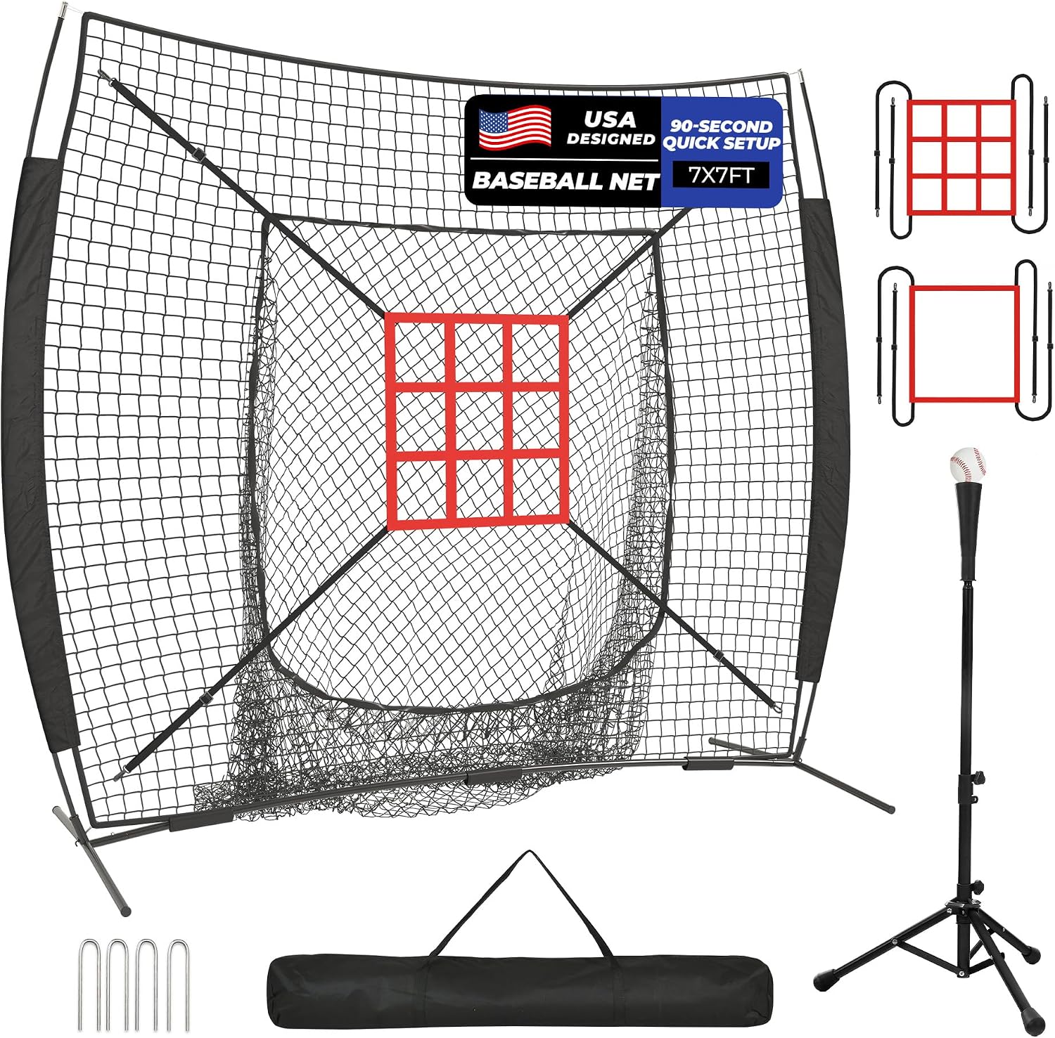 7 x 7 ft Baseball Net with Batting Tee, Baseball Softball Batting Net with Strike Zone for Practice Hitting Pitching Fielding, Quick Setup, Portable, with Carry Bag, 4 Ground Stakes