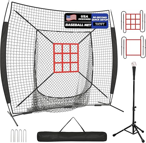 Red de béisbol, 7x7 pies de béisbol y sóftbol con zona de golpeo para práctica de bateo, lanzamiento y fildeo, montaje rápido, portátil, con bate de
