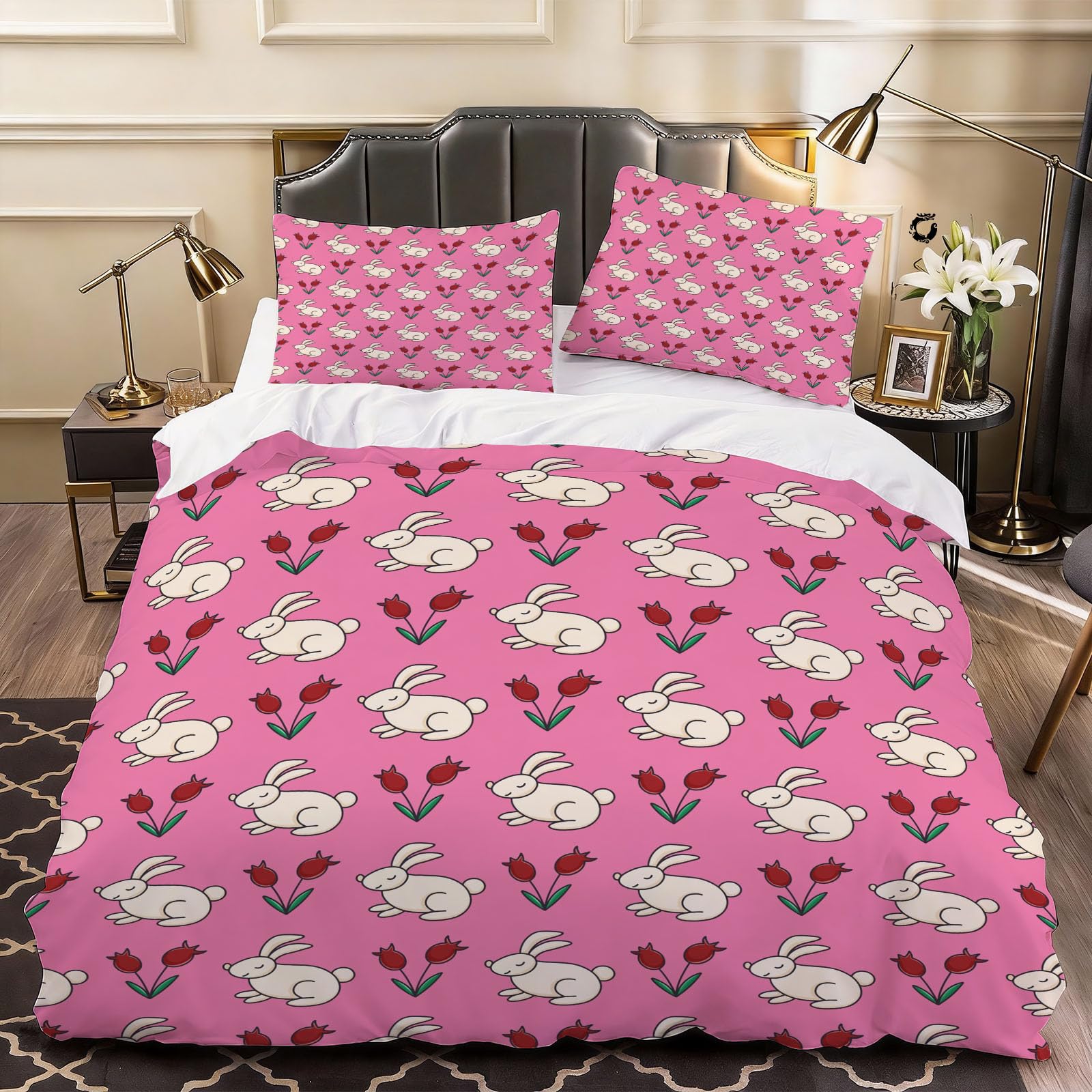 3D Cute Rabbit Duvet Cover Child Bedding Double Bed Set, Soft Microfiber Comforter Cover Printed with Zipper Closure Quilt Coverr 200x200 cm and 2 Pillowcases