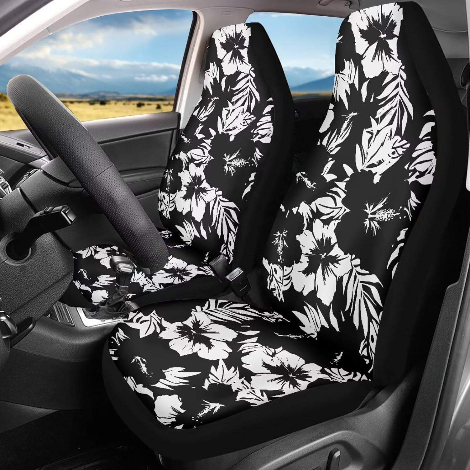 Black Hibiscus Front Seat Covers for Cars Soft Captain Chair Seat Cover Premium Polyester Seat Covers Car Interior Accessories Compatible with SUV,Sedan