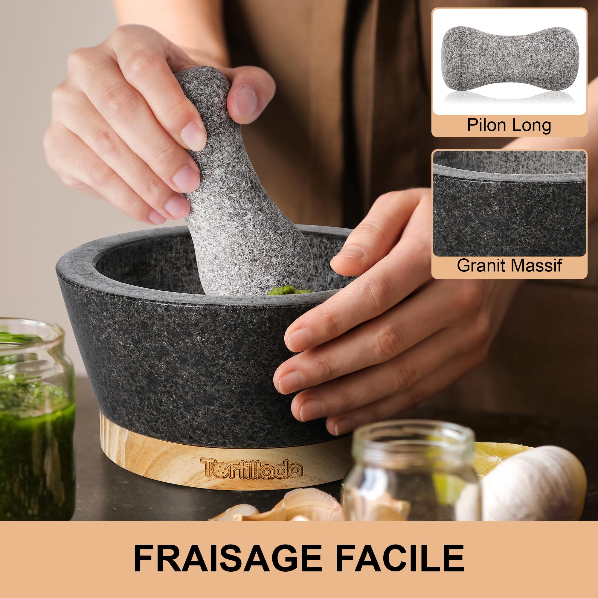 Tortillada - XXL Ensemble mortier et pilon de 16 cm en granit naturel avec base en bois anti-rayures Moulin à épices et à herbes en granit Broyeur de pilules avec 50 recettes, Noir