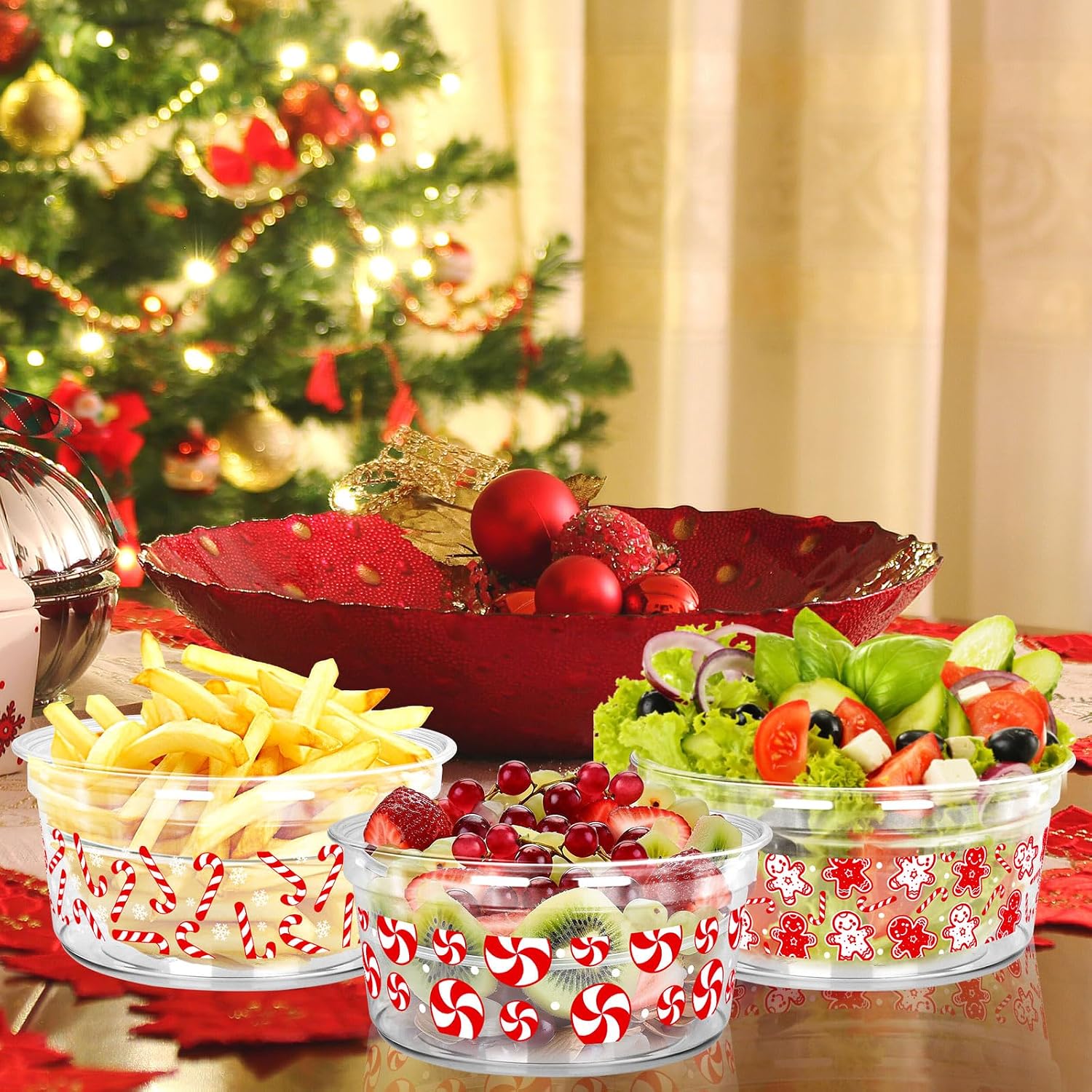 FYSUIMU 60Pcs Christmas Disposable Plastic Bowls 12Oz Xmas Gingerbread Man Candy Cane Snack Bowl Dessert Serving Bowls for Winter Holiday Party Supplies