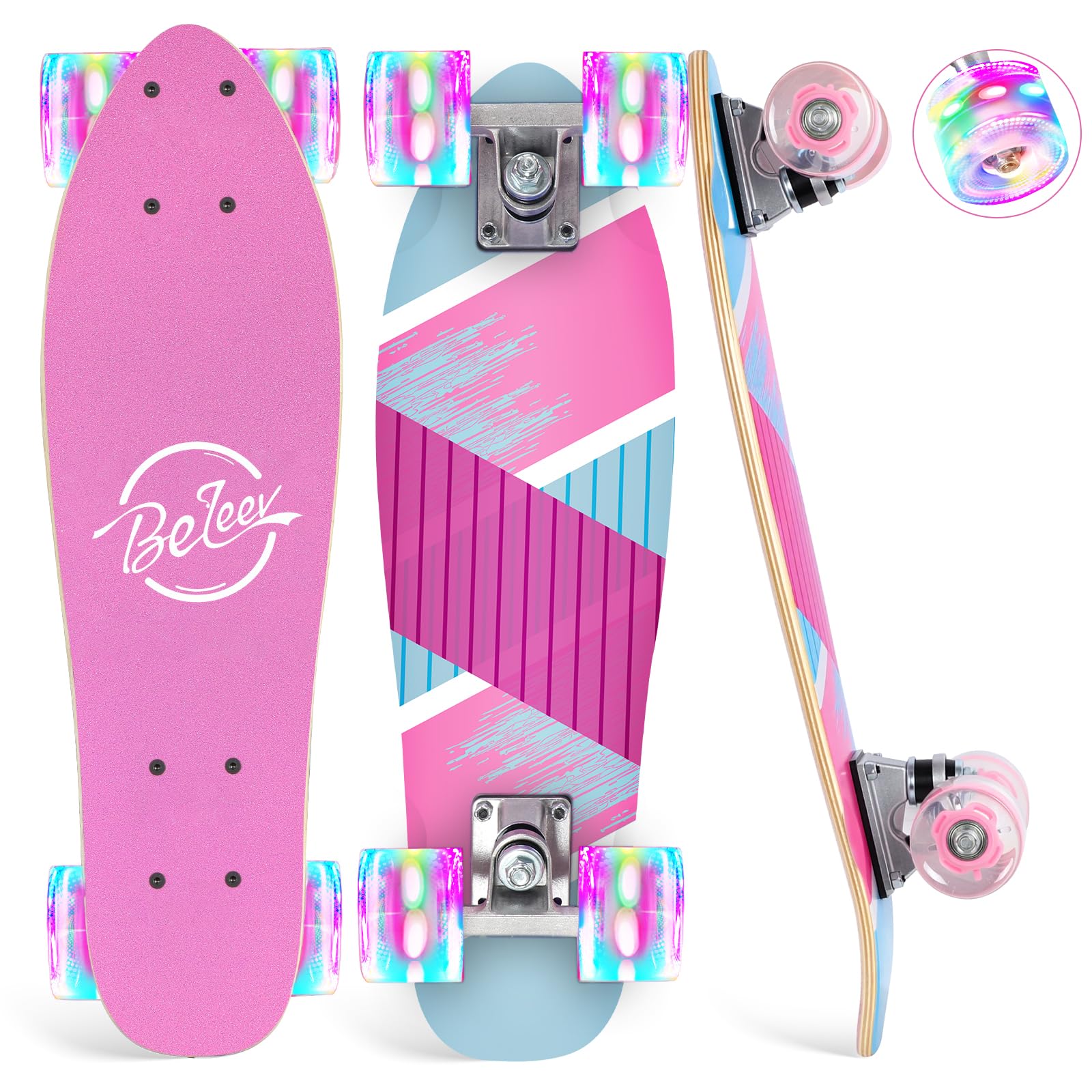 BELEEV 22 inch Skateboards for Kids, Cruiser Skateboard for Girls Boys Teens Adults Beginners, LED Light up Wheels, Mini Skateboards Classic Complete Skate Board with Skate T-Tool, Max Load 220 LBS