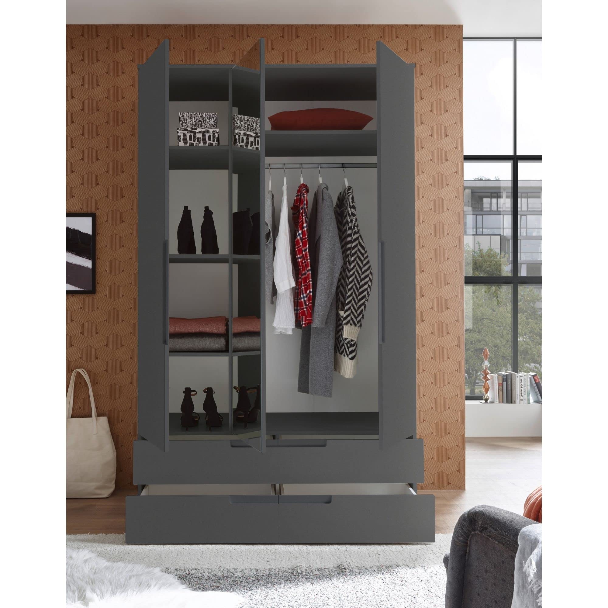 SPICE Eleganter Kleiderschrank mit viel Stauraum & Spiegeltür - Vielseitiger Drehtürenschrank in Graphit matt - 126 x 208 x 57 cm (B/H/T)