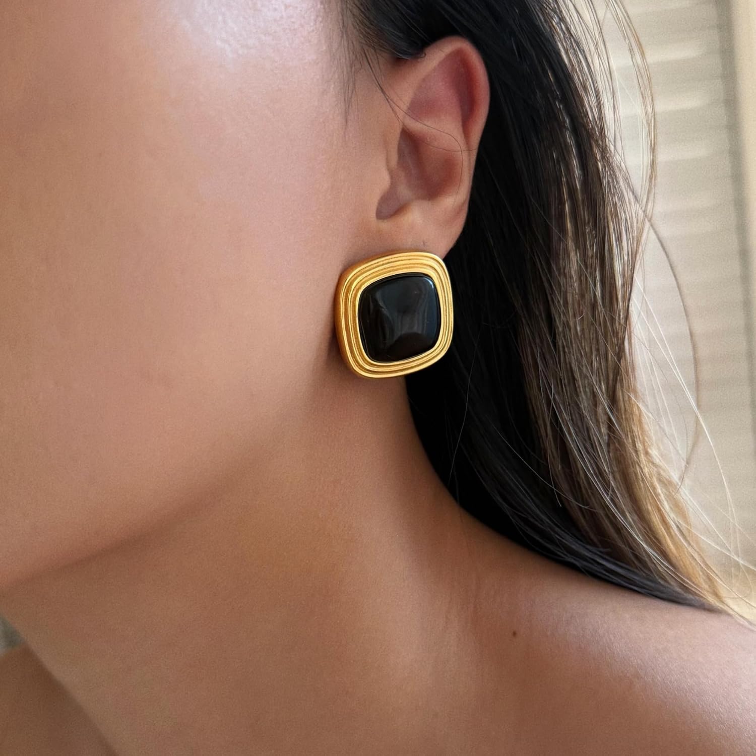 RAUCHBE Big Chunky Gold Earrings for Women Vintage Black Oval Earring Onyx Statement Earrings Trendy Jewelry