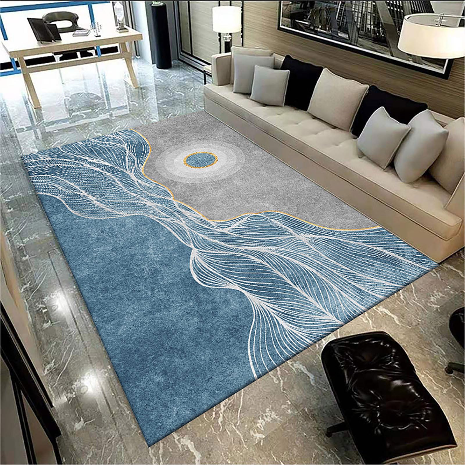 Tapis de grand salon bleu abstrait antidérapant et doux au toucher