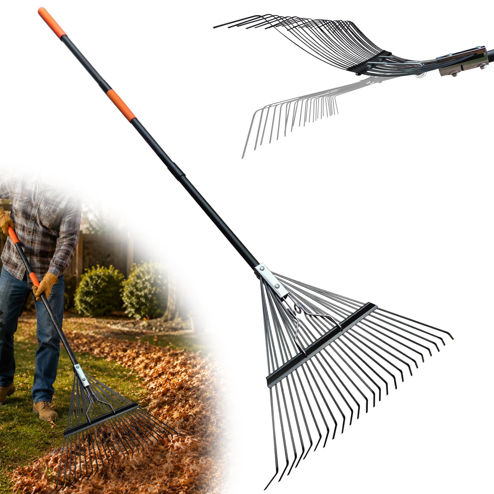 Rake for Leaves,24-Tine High-Resilience Steel-Toothed Extra-Wide Leaf Rake