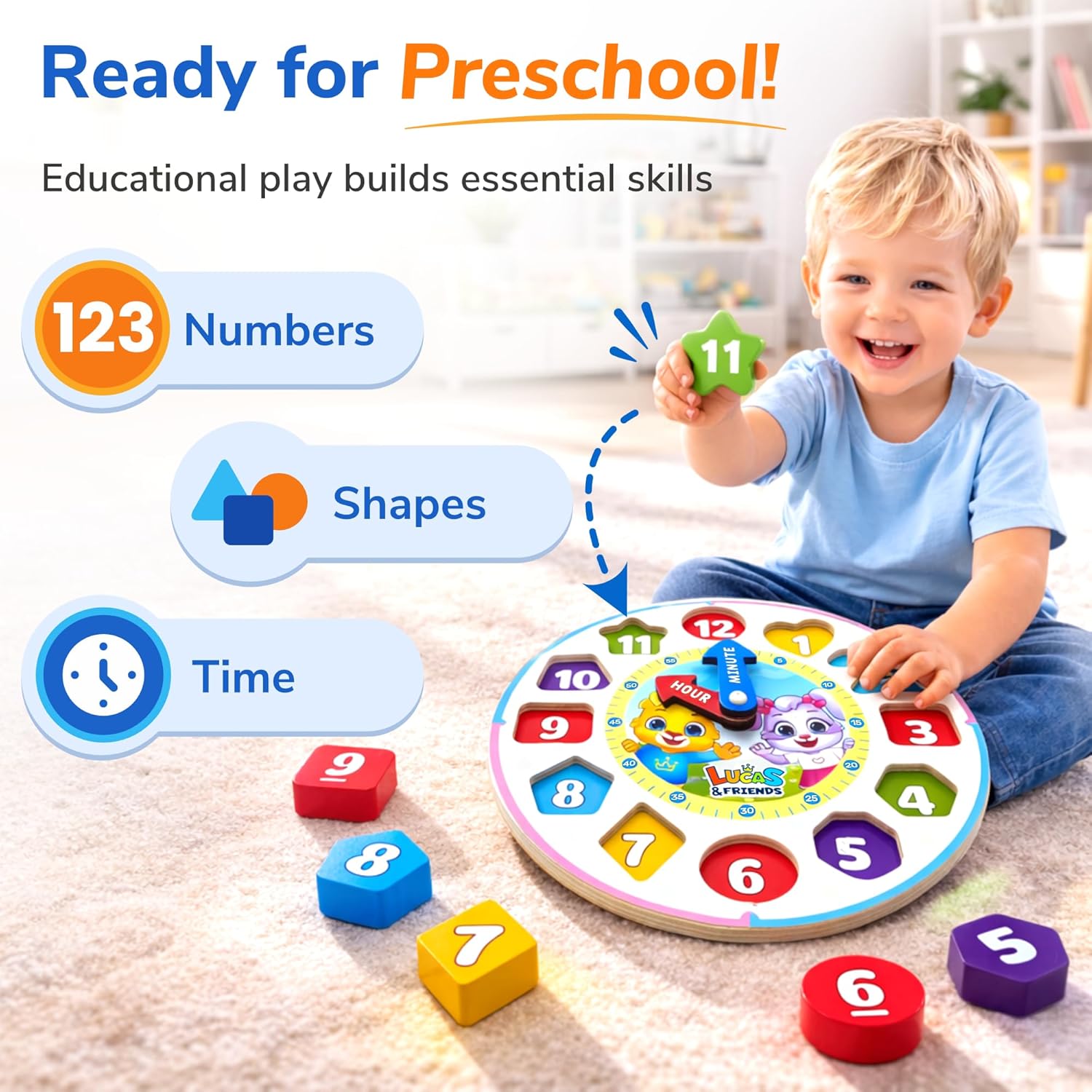 Lucas & Friends Shape Color Sorting Clock Wooden Educational Toy, Teaching Time Numbers Puzzle, Stacking Sorter Jigsaw Montessori Early Learning Toy, Fine Motor Skills, Gift for Kids