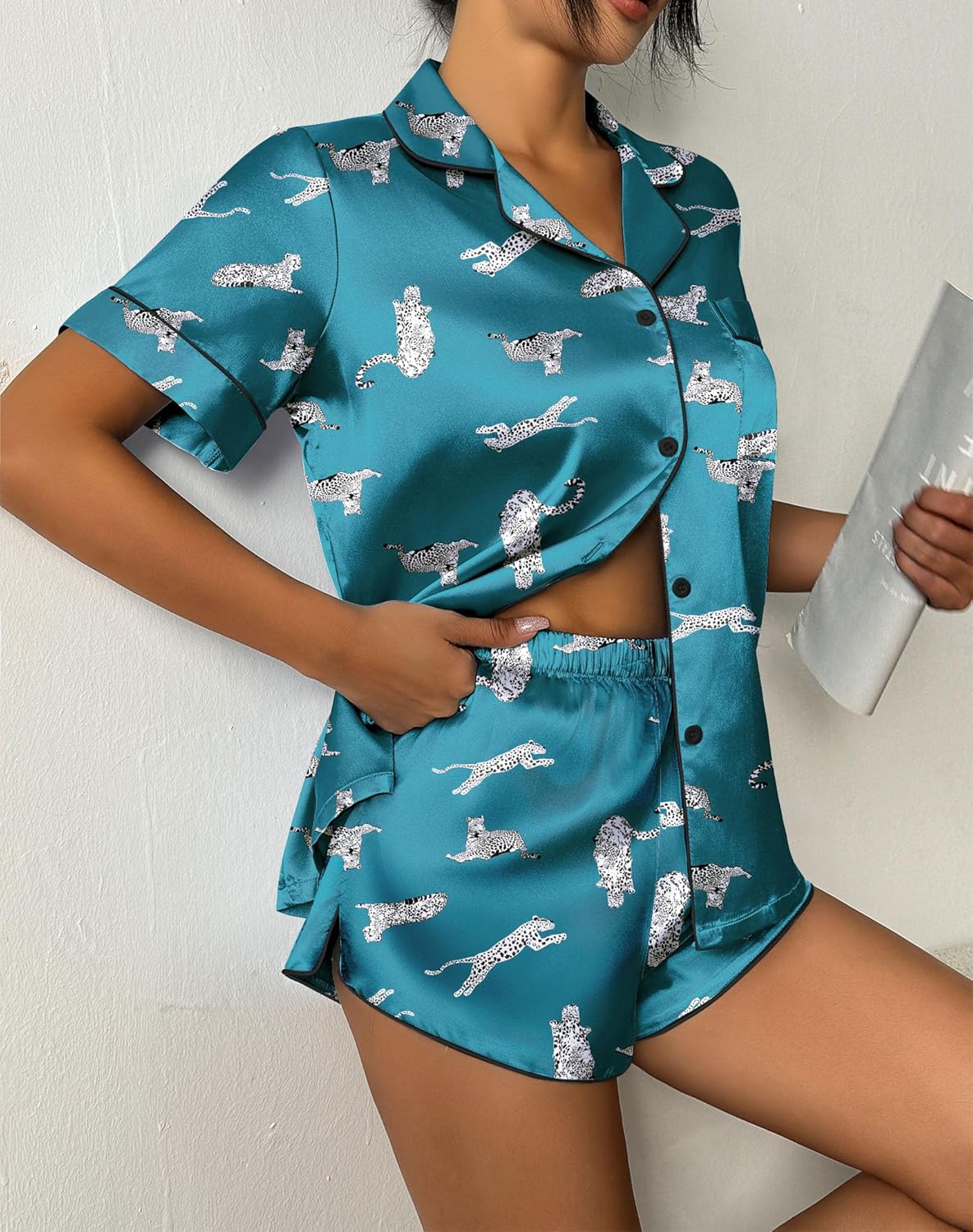 Ekouaer Womens Silk Satin Pajama Set Print Short Sleeve Sleepwear Button Down Pjs Shorts Set Loungewear - Image 2