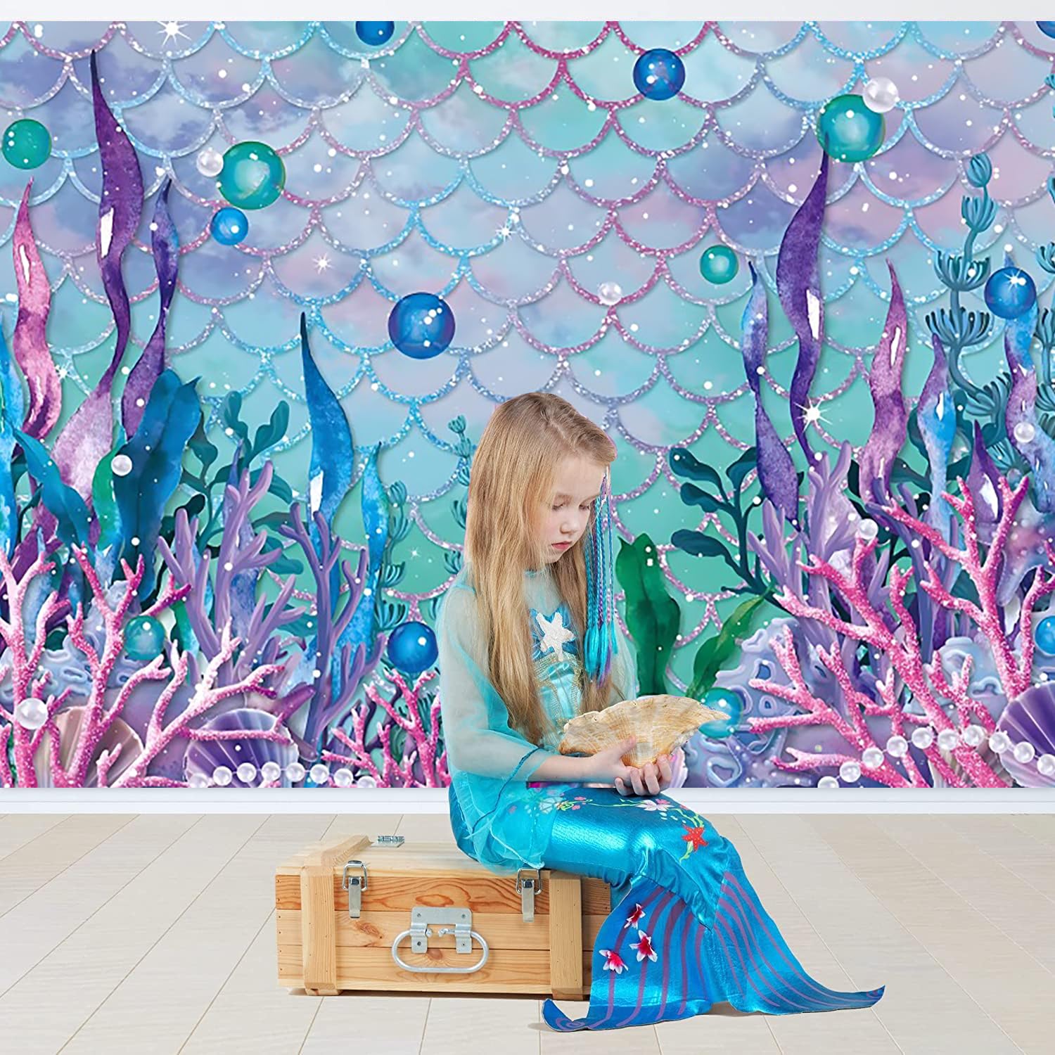 2.4x1.8m Telón de Fondo de Sirena bajo el mar púrpura corales Perlas Fotografía Fondo Chica Princesa Sirenita Cumpleaños Cake Mesa Decoraciones Banner Photo Booth Props