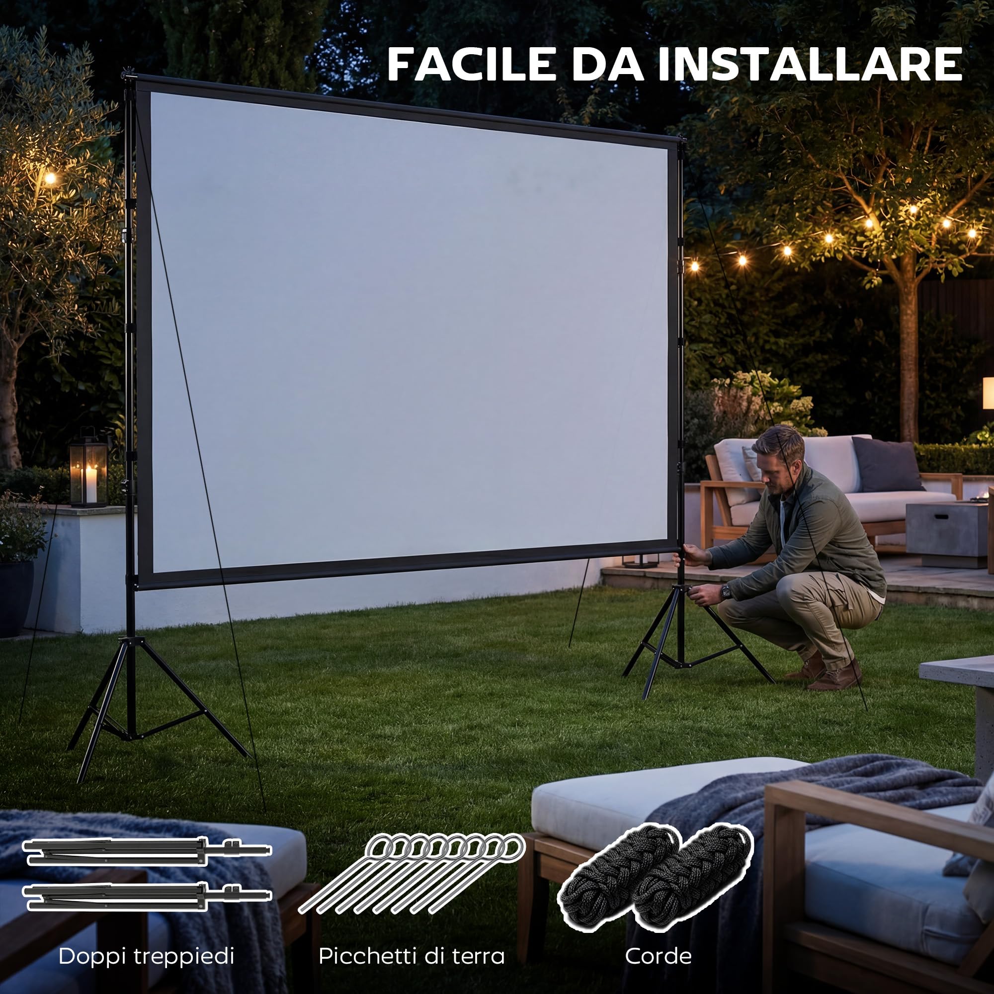 HOMCOM Telo Proiettore da 120 Pollici 4K/8K HD Formato 16:9 con 2 Treppiedi Pieghevoli, Schermo Proiettore Portatile Doppia Facciata, Grandangolo di 160 Gradi, per Casa Home Cinema Esterno, Bianco