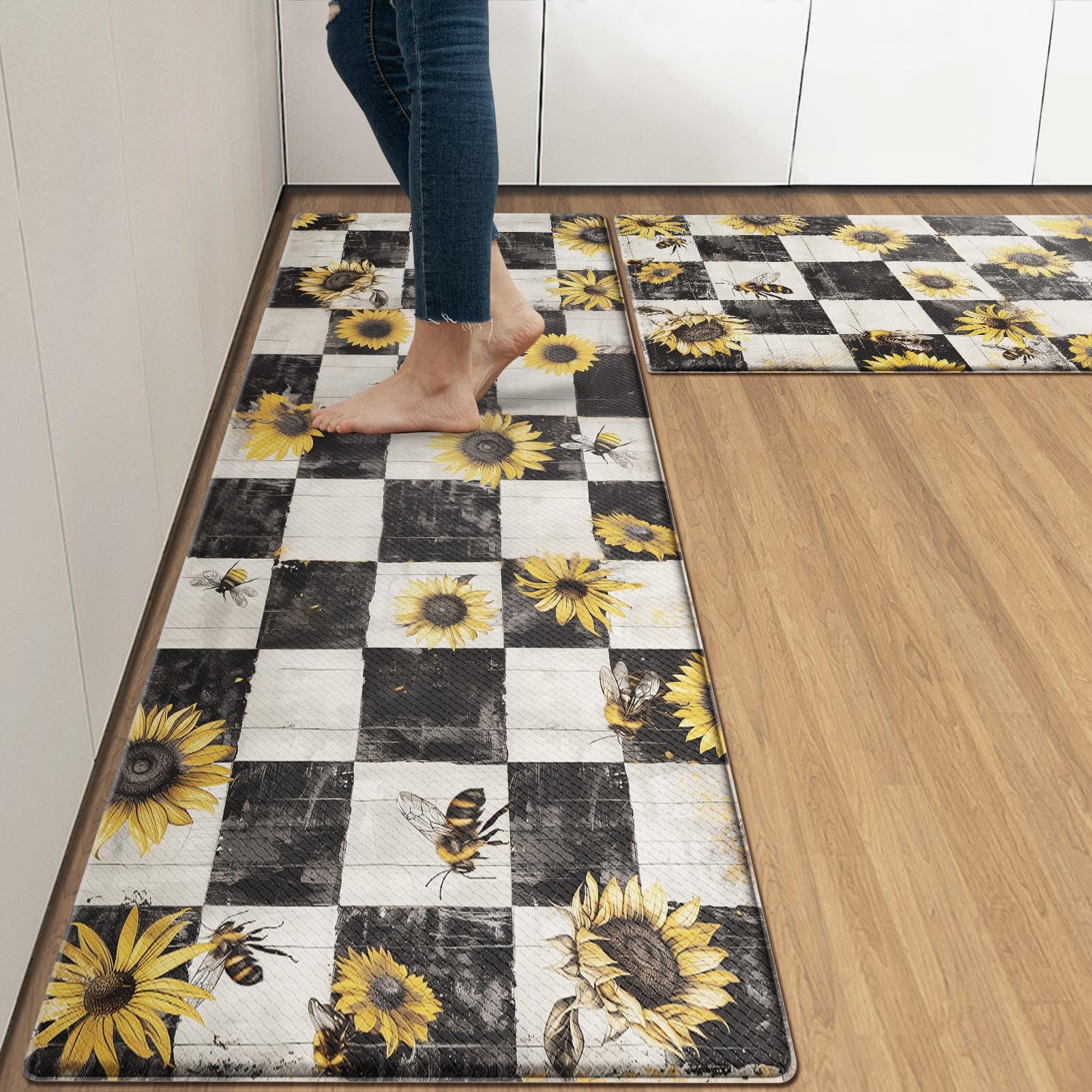Arttown Sunflower Wooden Anti-Fatigue Kitchen Rug Set of 2 Bee Black Farmhouse Vintage Cushioned Kitchen Floor Standing Mat Waterproof Non-Slip Kitchen Mat and Rugs PVC Ergonomic Comfort Foam Rug โ image 1
