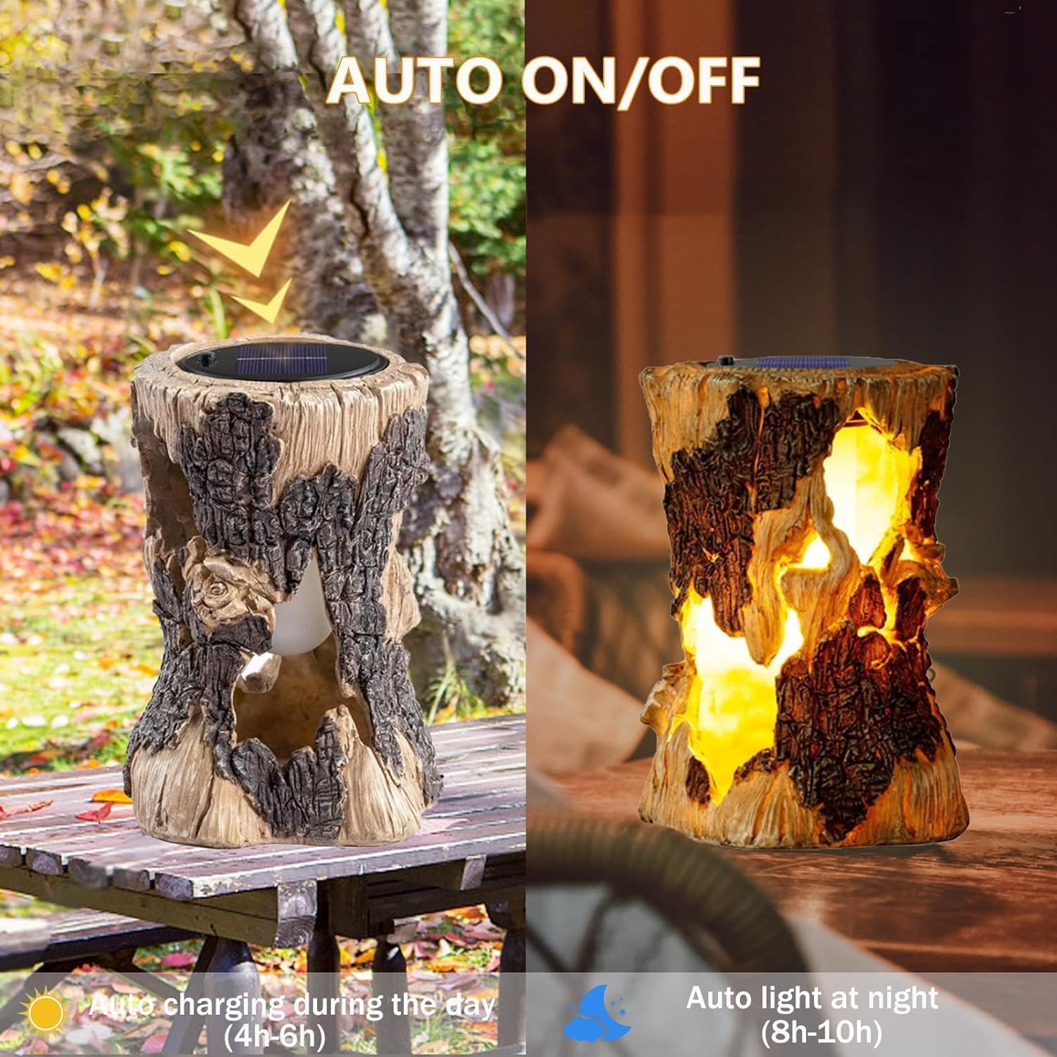 Solar Lights Outdoor Decor, Stump Solar Flame Lantern Light, Flickering Fake Fire Solar Candles Lantern Outdoor Waterproof, Landscape Decoration Lighting for Outside Path Deck Yard Decor (Warm)