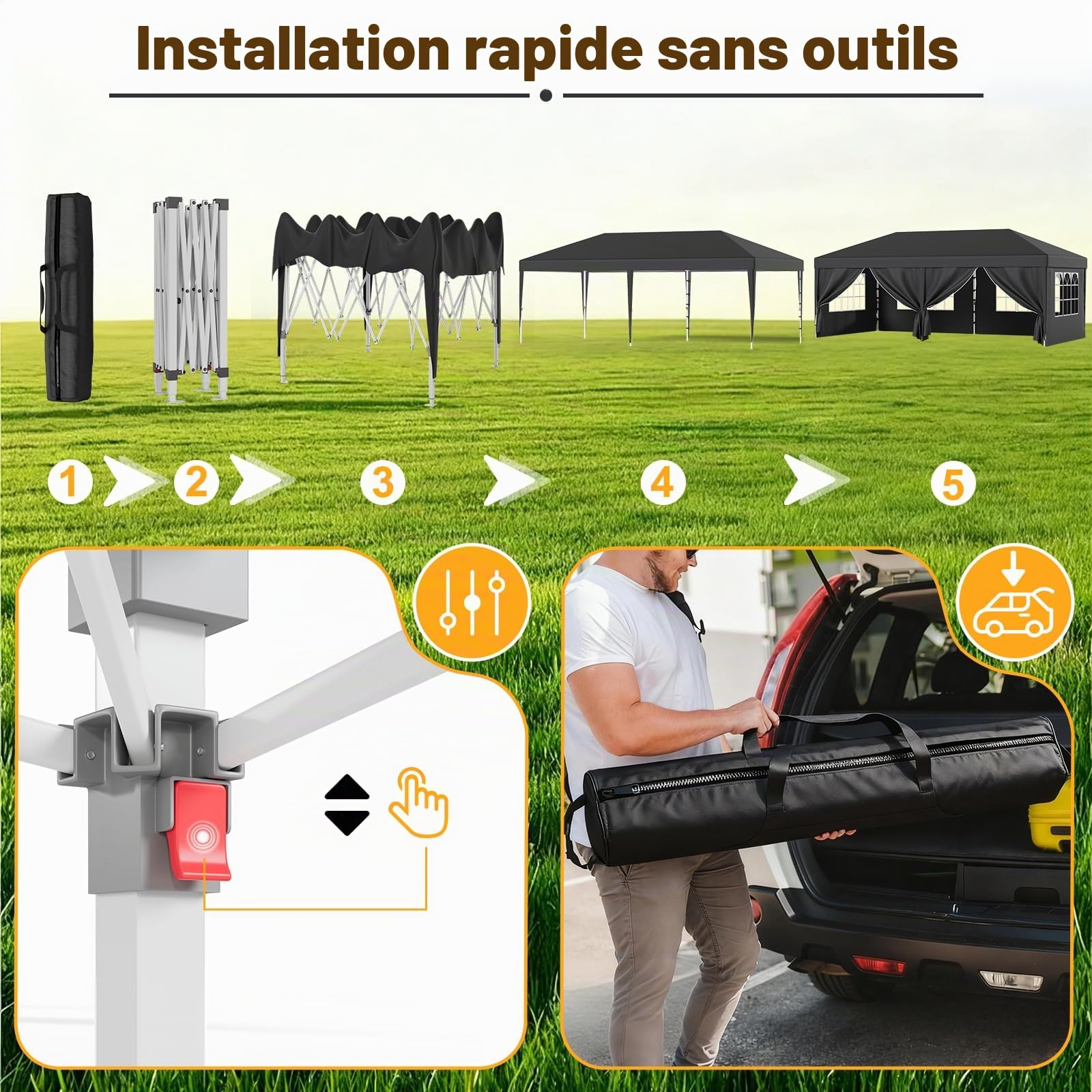 JUMMICO tonnelle Pliante 3x6 imperméable, Hauteur Réglable, Toile Épaisse avec Fermeture Velcro, Structure Robuste, Protection Anti-UV, Idéale pour Camping, Jardin et Plus Encore, Gris