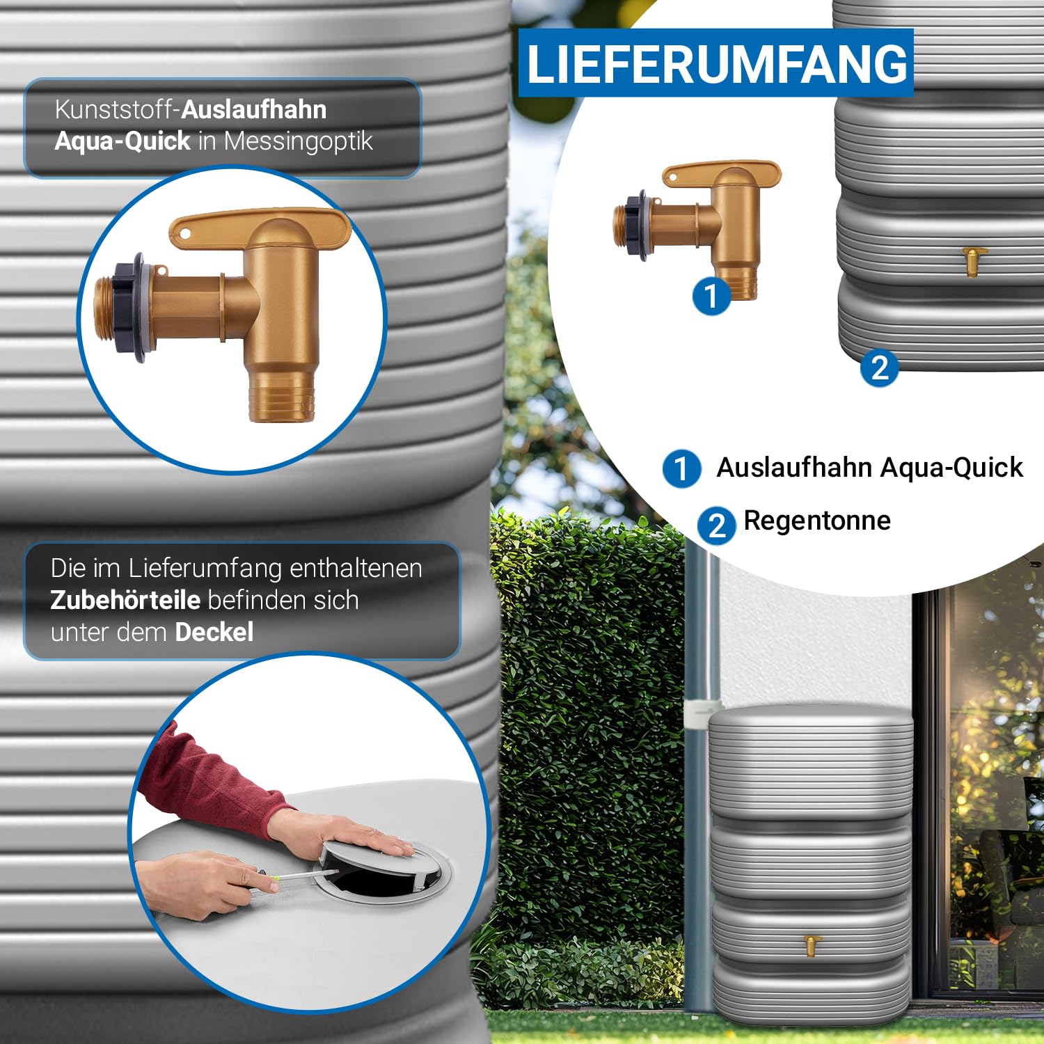 4rain Quadro Regentonne 500 Liter betongrau - Wandtank, Wassertank, Regenfass, Regenwassertonne, Wasserbehälter, Fass, Regenwassertank, Wasserfass, Wassertonne, Wassertonnen für Garten