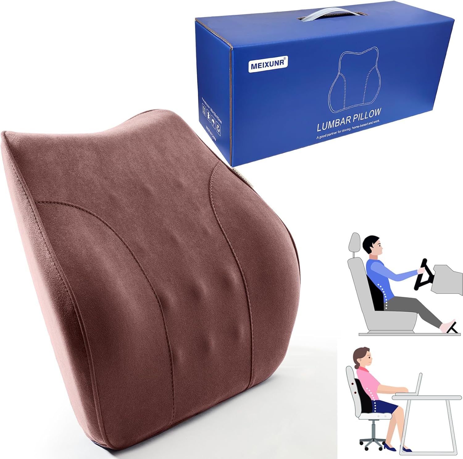 Soft Lumbar Support Pillow for Office Chair and Car Driver's Seat Lumbar Support Pillow Memory Foam Back Cushion for Pain Relief Improve Posture (Suede Fabric-Brown, Large Size) Large Size Suede Fabric-brown