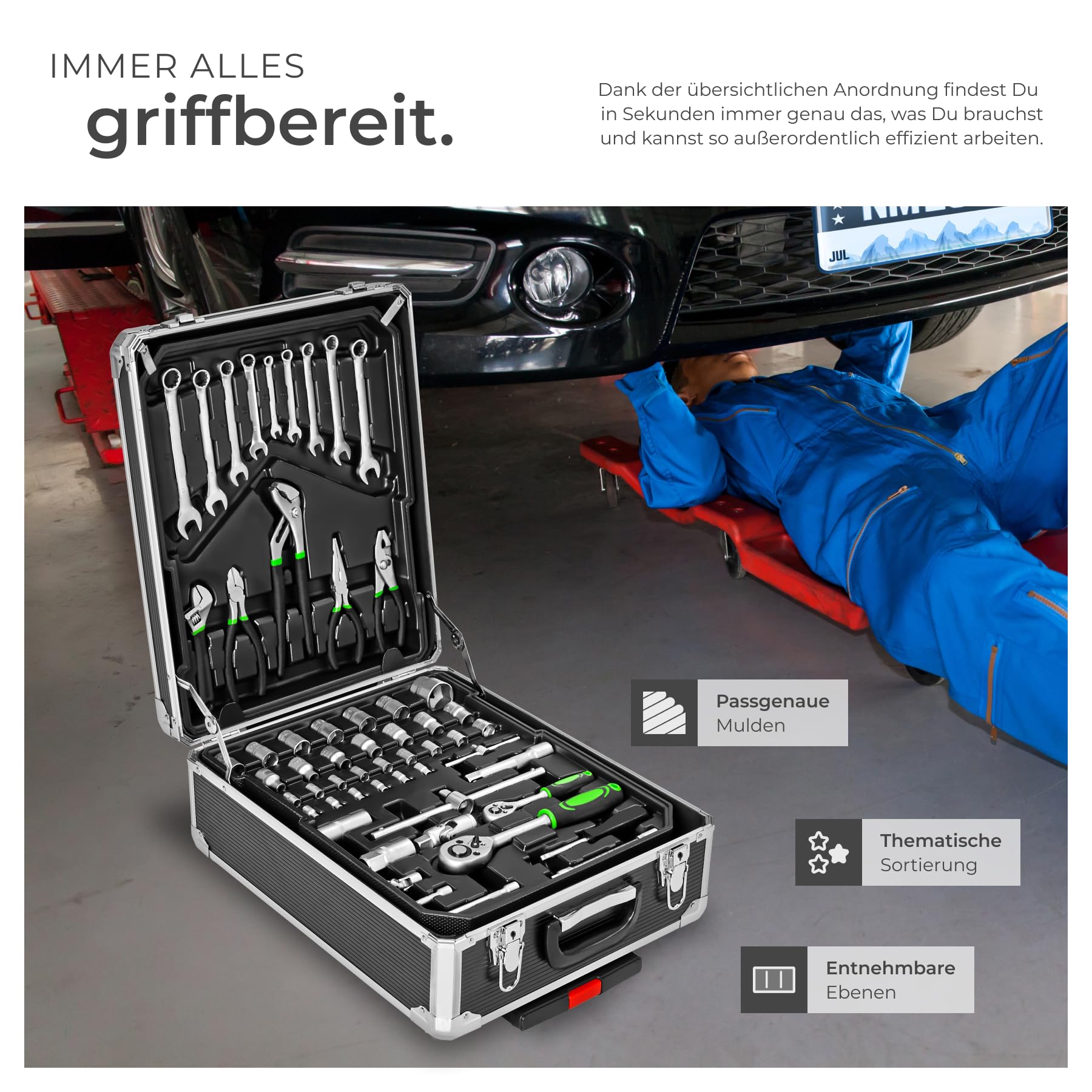 tectake® Werkzeugkoffer, Werkzeugset, Werkzeugkoffer gefüllt 1200-teilig, Werkzeugtrolley, Werkzeugkiste mit 4 Ebenen, Alu Koffer mit Rollen, Teleskopgriff, 2 Schnappverschlüsse + Schlösser - schwarz