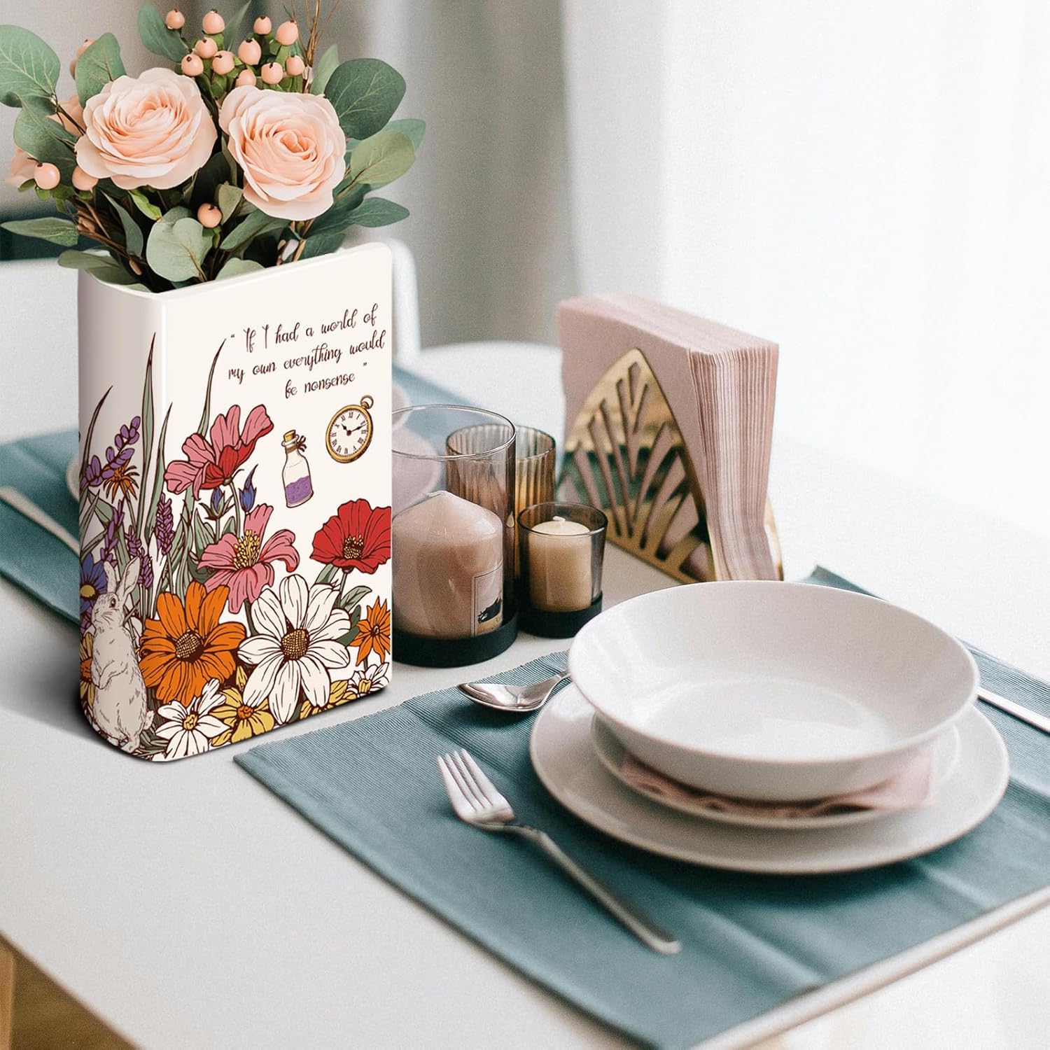 Large Ceramic Book Vase for Flowers Book-Shaped Decorative Vase Bookshelf Decor Unique Vases for Home Bedroom Office Decor Alice's Adventures in Wonderland - Floral Nonsense
