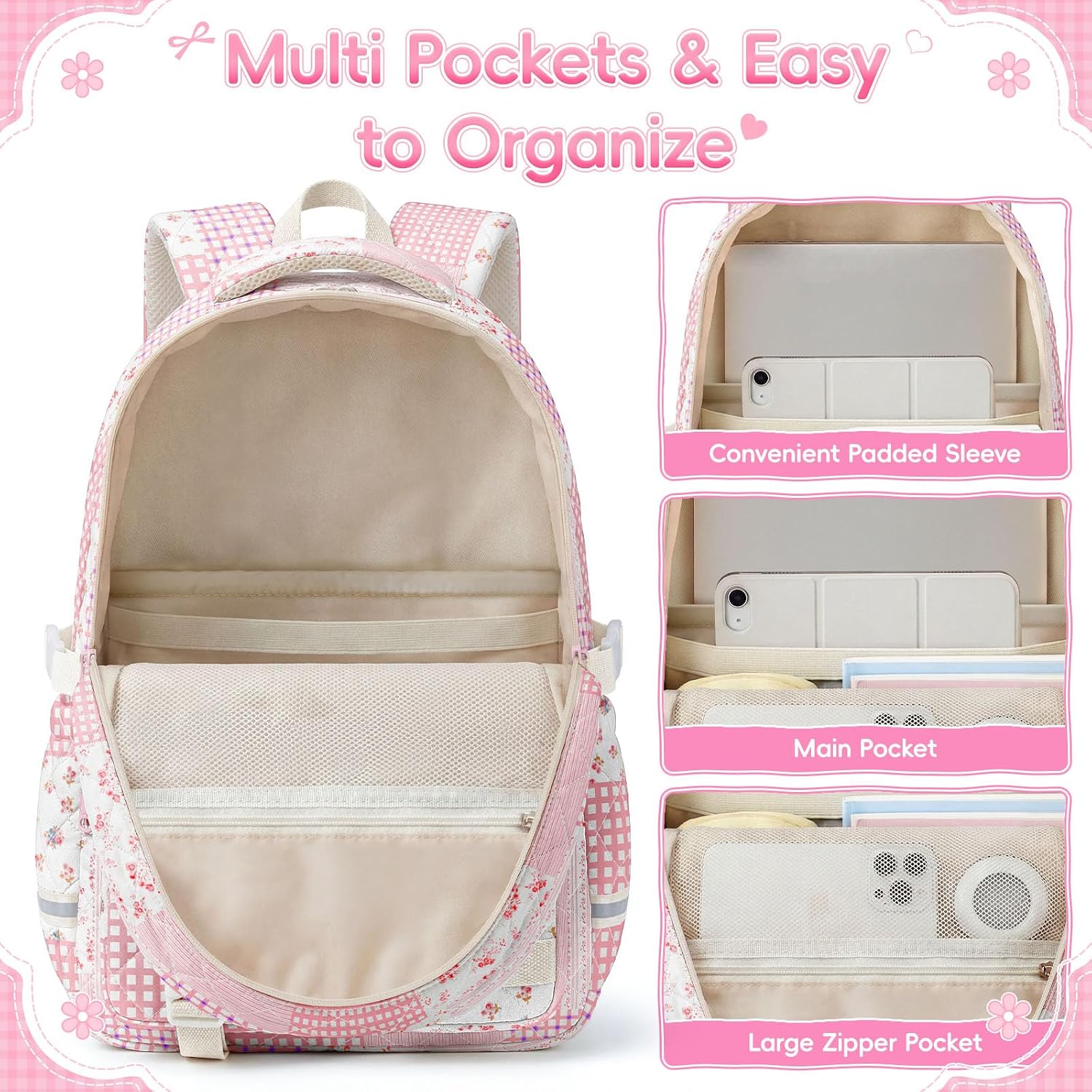 WOBAGMEN Quilted Backpack for Girls with Mesh Display Pocket | Cute Kawaii Floral School Bookbag for Pins, Badges, Plushies, Teen Girls Daily Trave 17.5 (Pink Patchwork, M) image 3