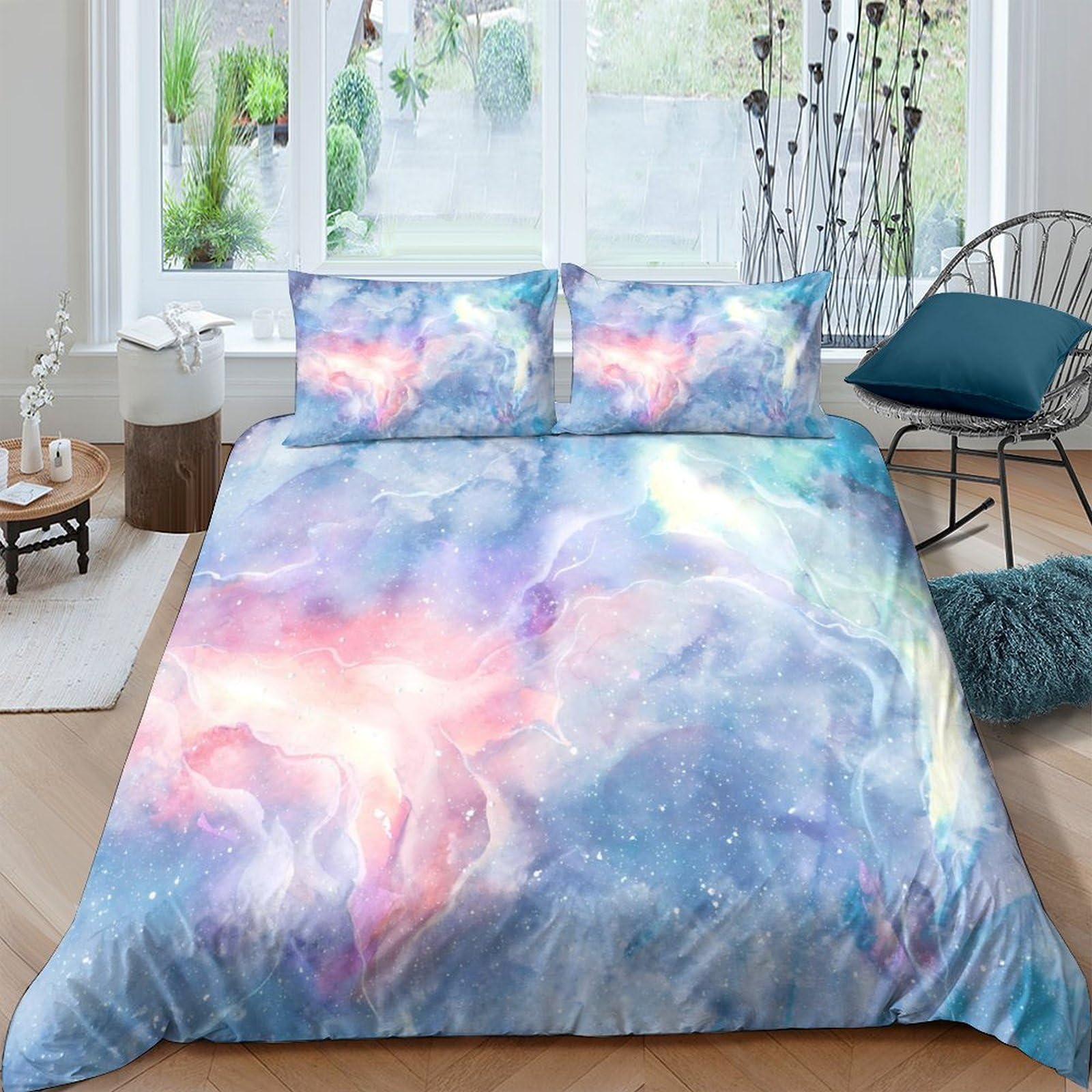 TUFRTGYHN 3D Printed Dreamy Watercolor Duvet Cover Set Microfiber Soft Pastel Cloud Bedding with 2 Pillowcases for Bedroom Décor Single（135x200cm）