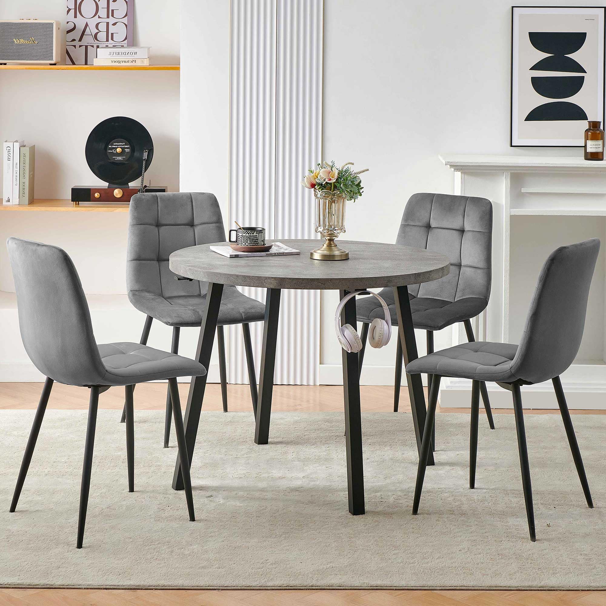 somedream Modern 4-Person Round Dining Table Set, Space-Saving for Kitchen, Living Room, Apartment, Includes Dining Table & 4 Grey Chairs,Small Dining