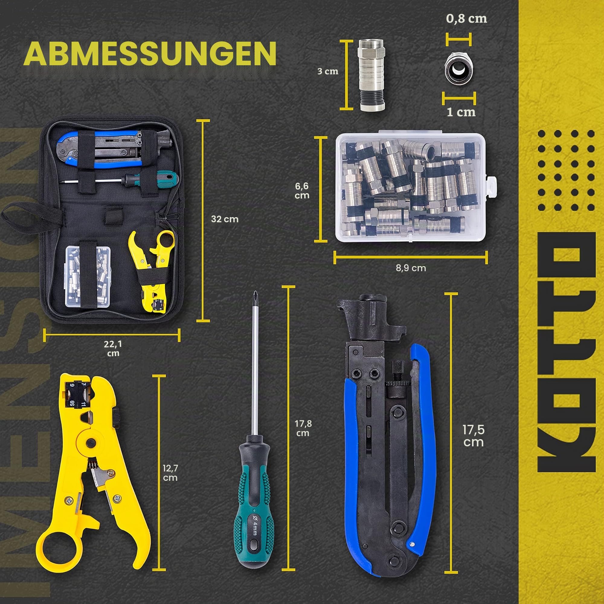 KOTTO Abisolierwerkzeug für Koaxialkabel Set Kompressionszange Abisolierzange, verstellbar RG6,RG59,RG11,75-5,75-7, mit 20 F-Kompressionssteckern, Kreuzschlitzschraubendreher, Lagerungstasche