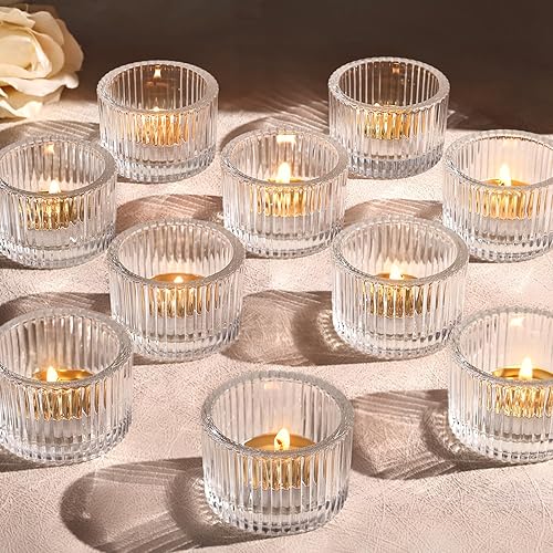 Miniatura 8 de Juego de 12 Portavelas para Velas de Té, Portavelas Votivos Pequeños Color Ámbar para Centro de Mesa, Portavelas de Cristal para Velas de Té