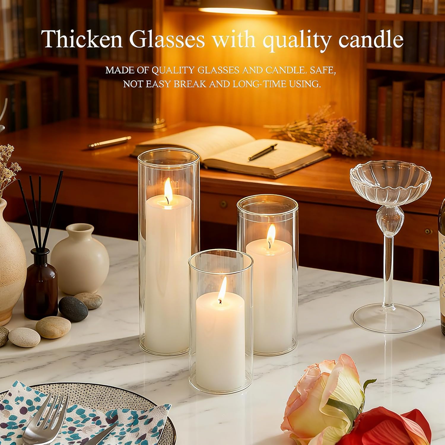 24 Pcs Glass Hurricane Candle Holders Set - White Pillar Candles with Clear Glass Cylinder Vases (12 Candles + 12 Vases) for Wedding, Dating, Party, Table Centerpiece Decor