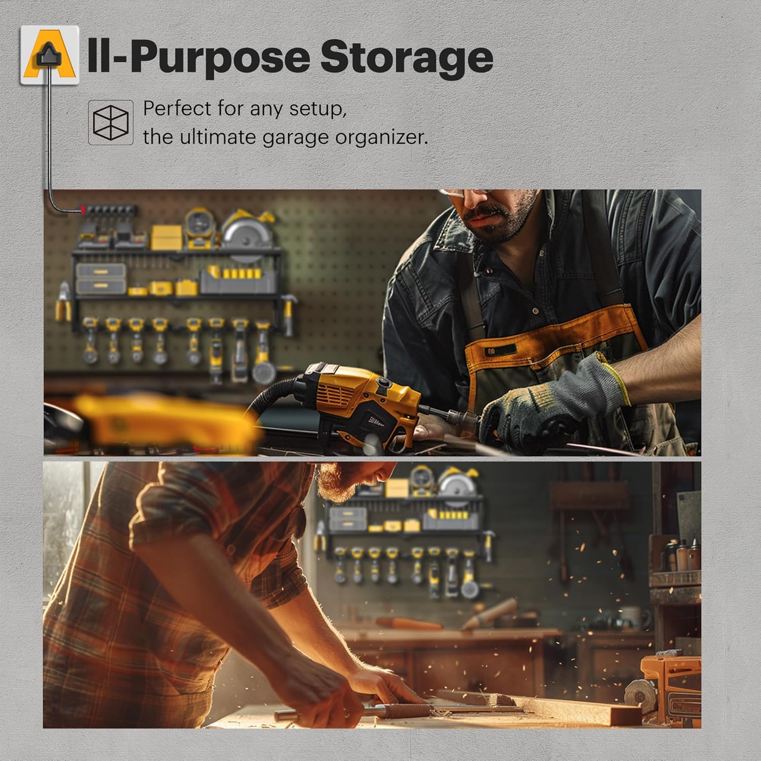 Power Tool Organizer Wall Mount with Charging Station, 7 Slots for Cordless Drill Hanger Storage, Tool Battery Holde with 4 Outlet Power Strip, Drill Holder Heavy Duty Garage Organizers