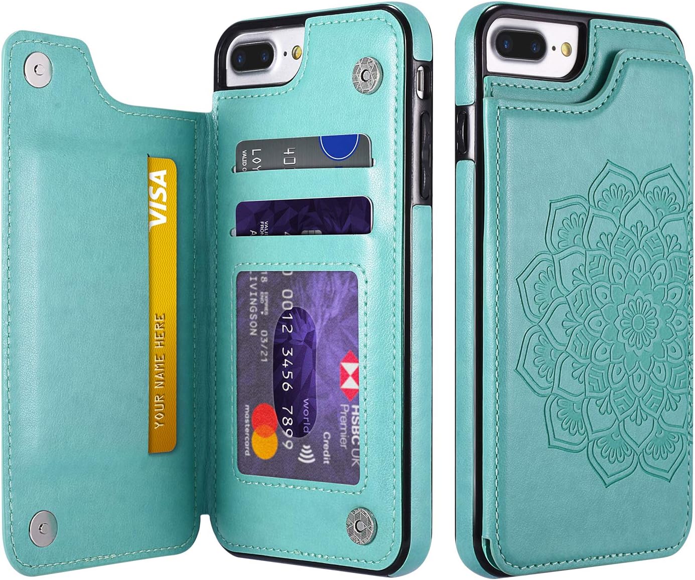 UEEBAI Case for iPhone 6 iPhone 6S,Luxury PU Leather Case [Two Magnetic Clasp] [Card Slots] Stand Function Embossed Mandala Pattern Half Flower Durable Soft TPU Back Wallet Cover - Mint Green#2