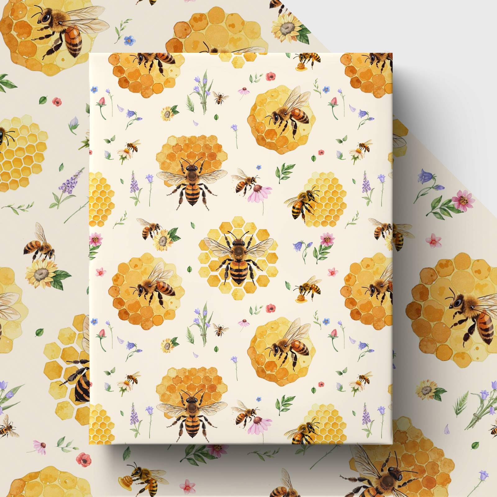 Bee Wrapping Paper, Honeycomb Themed Gift Wrap Sheets, 4 Sheets 50 x 70cm Premium Eco-friendly Packing Paper for Birthday Parties, Garden Gatherings, Housewarming and All Occasion Gift Wrapping
