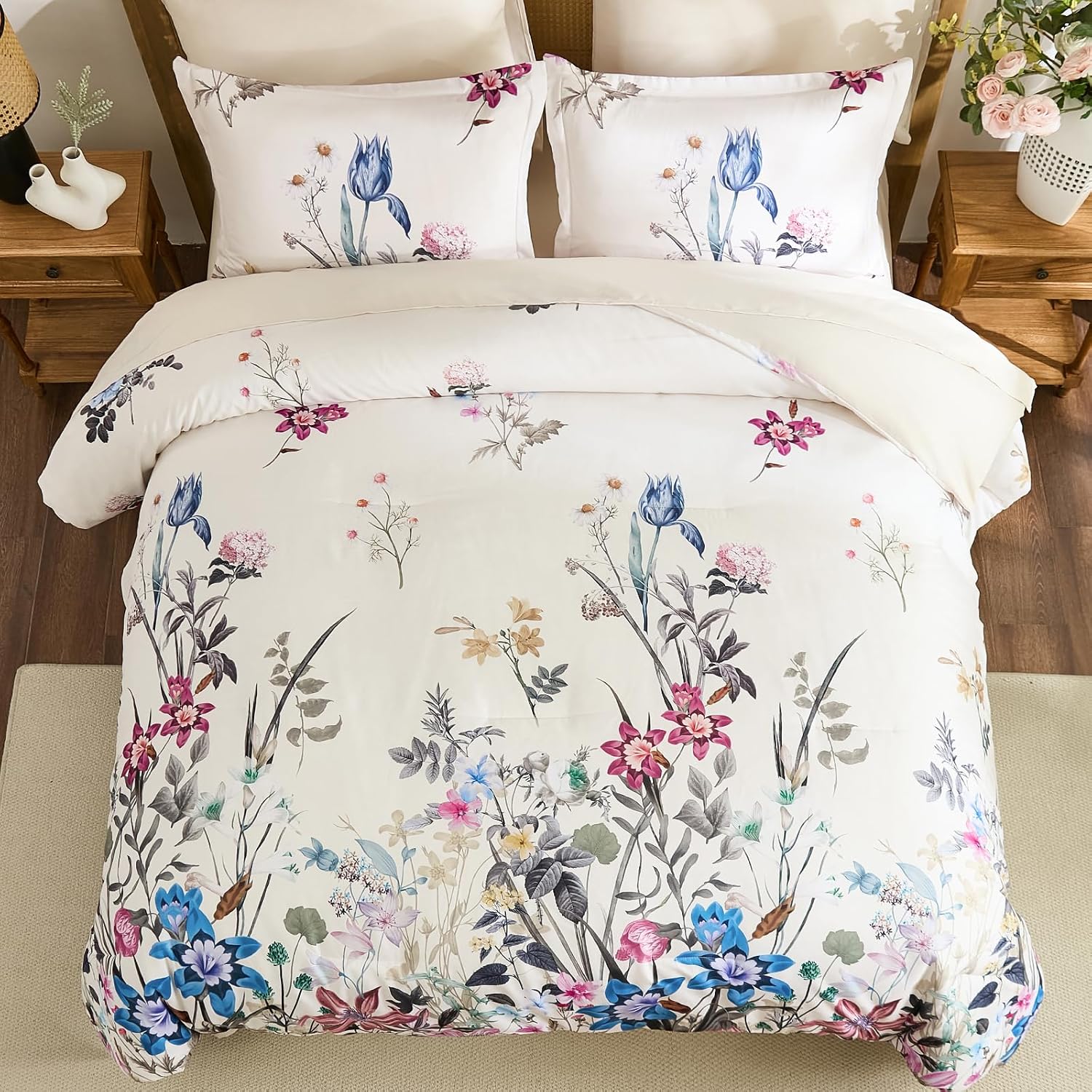 WONGS BEDDING Floral Comforter Set Queen, 7 Piece Beige Bed in a Bag Bedding Set with Botanical Flowers Patterns, Soft Lightweight Complete Comforters with Sheets for All Season
