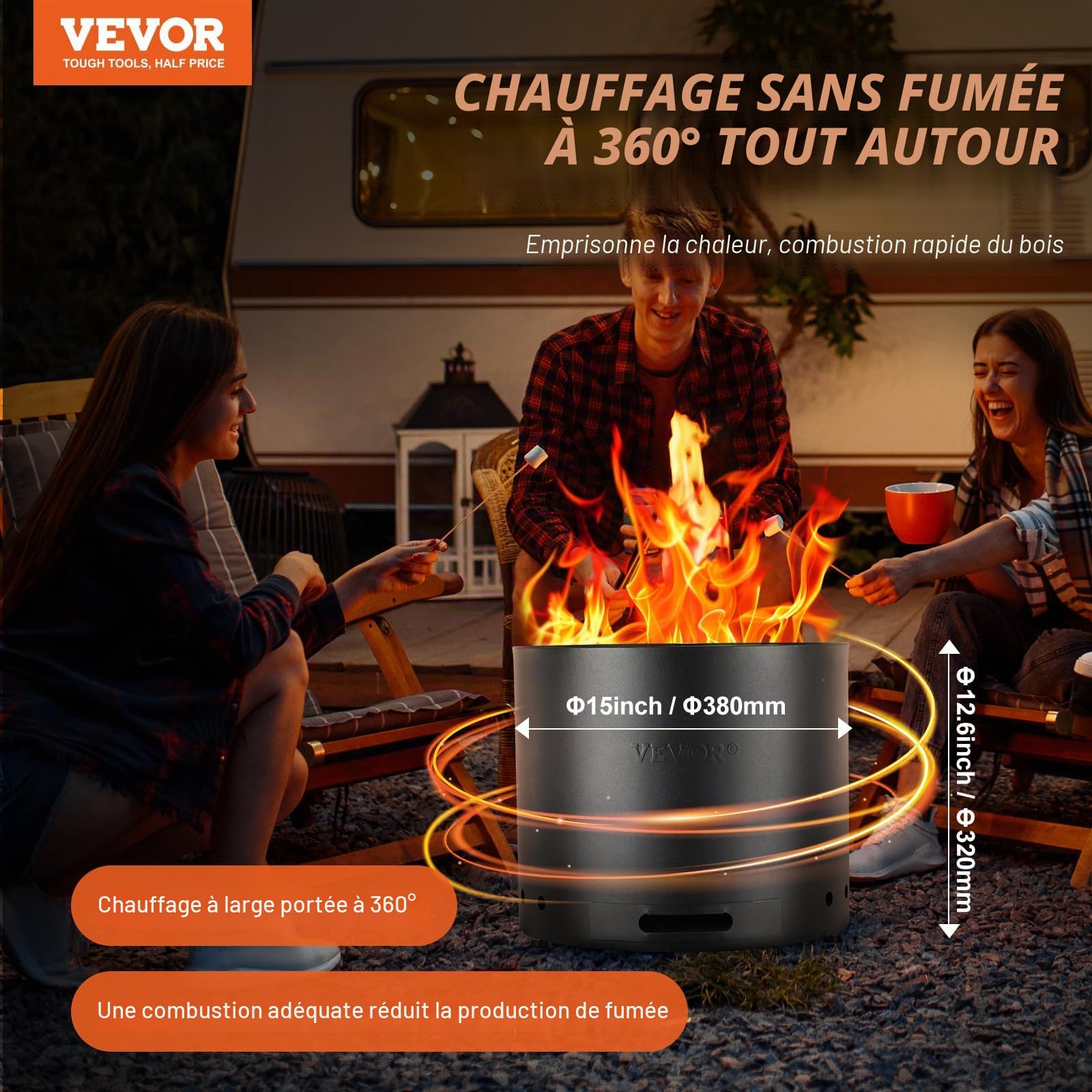 VEVOR Brasero à Bois sans émission de fumée, 380x320 mm, Foyer à feu avec bac à Cendres Amovible, Foyer d'extérieur Portable intérieur en Acier Inoxydable SUS430, pour Camping en terrasse extérieure